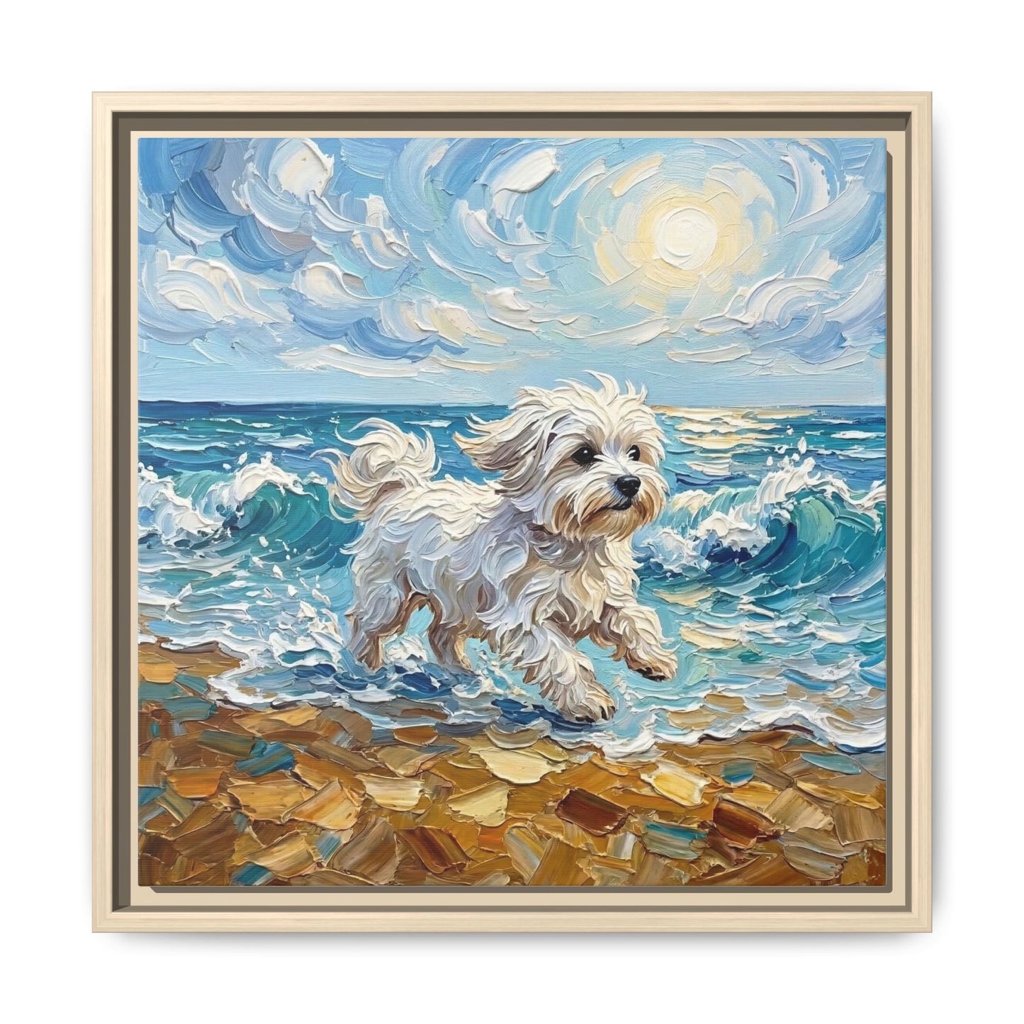 "Beach Day - Maltese" Framed Canvas Wall Art