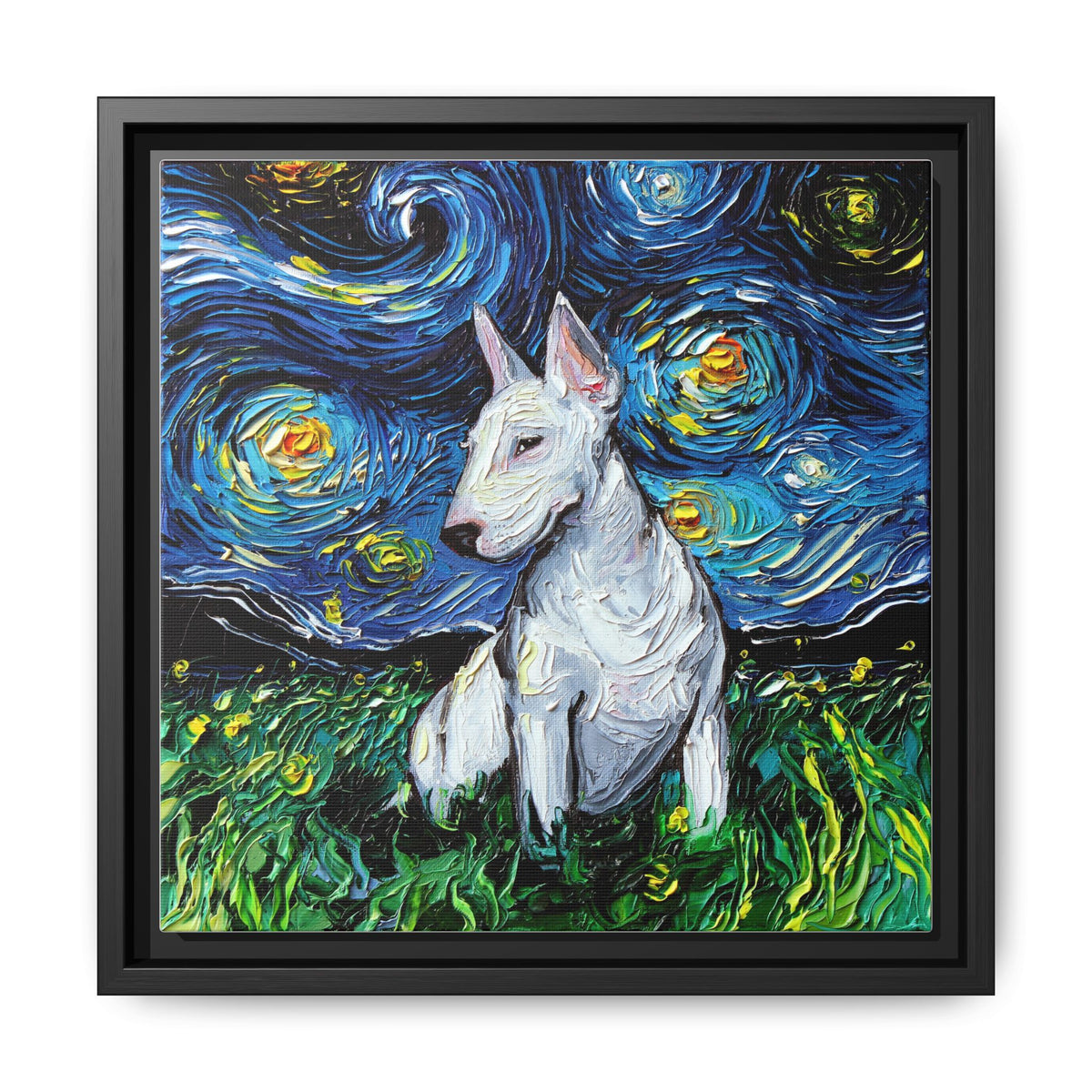 "Bull Terrier Night" Framed Canvas Wall Art