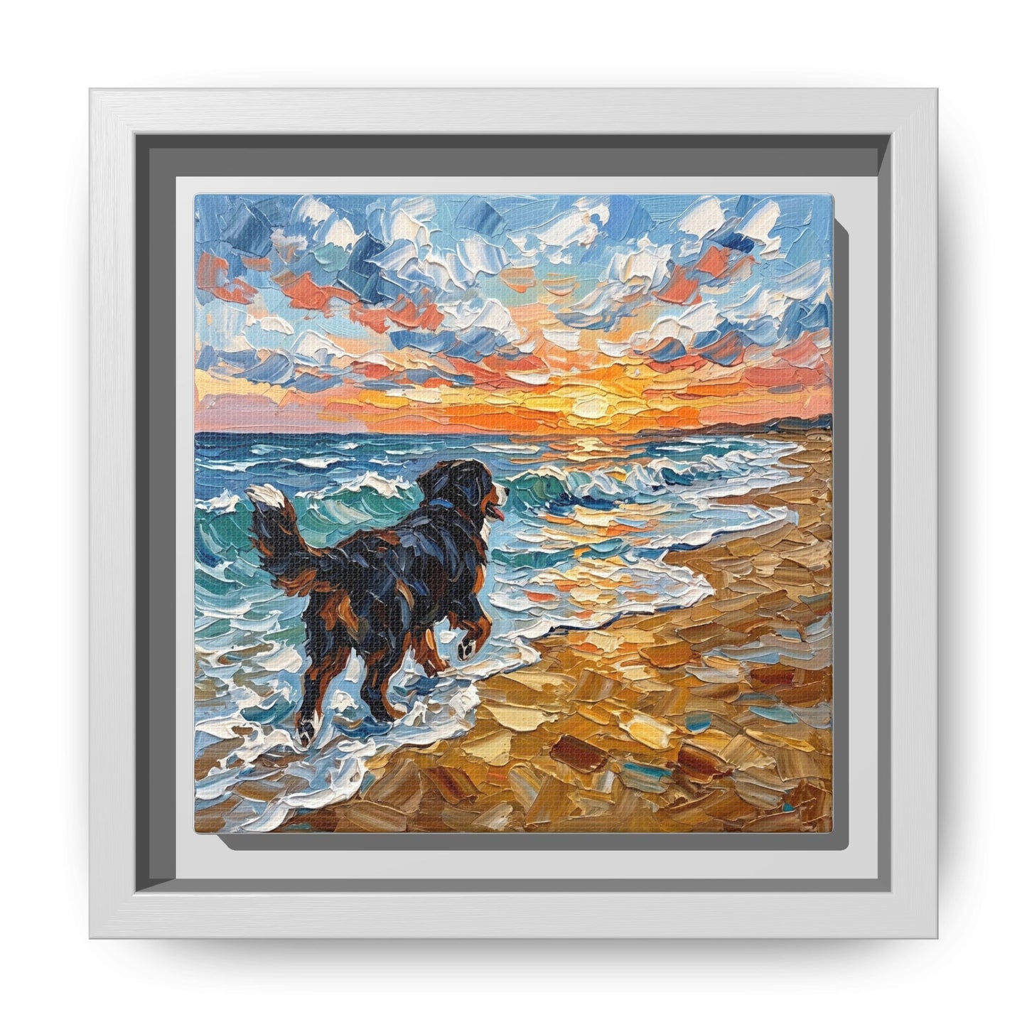 "Beach Day - Frolicking Bernese Mountain Dog" Framed Canvas Wall Art