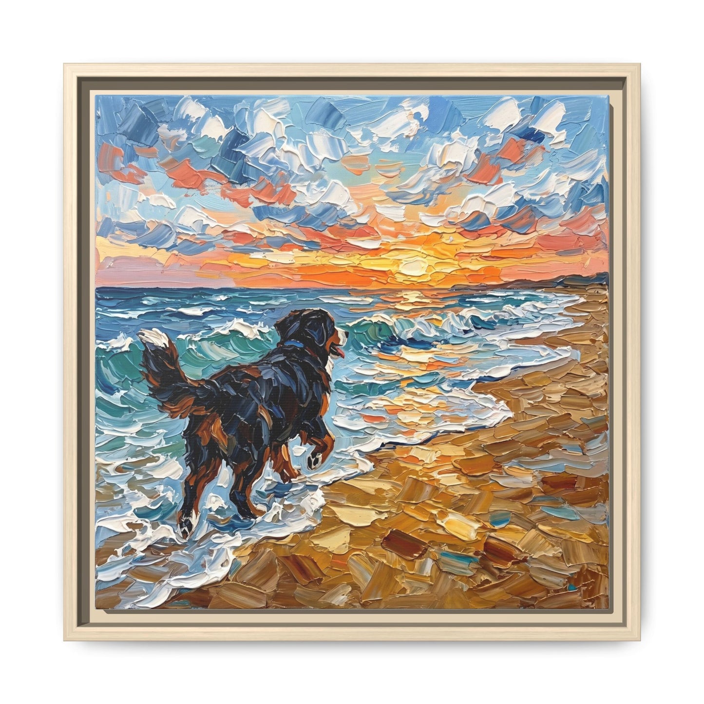 "Beach Day - Frolicking Bernese Mountain Dog" Framed Canvas Wall Art