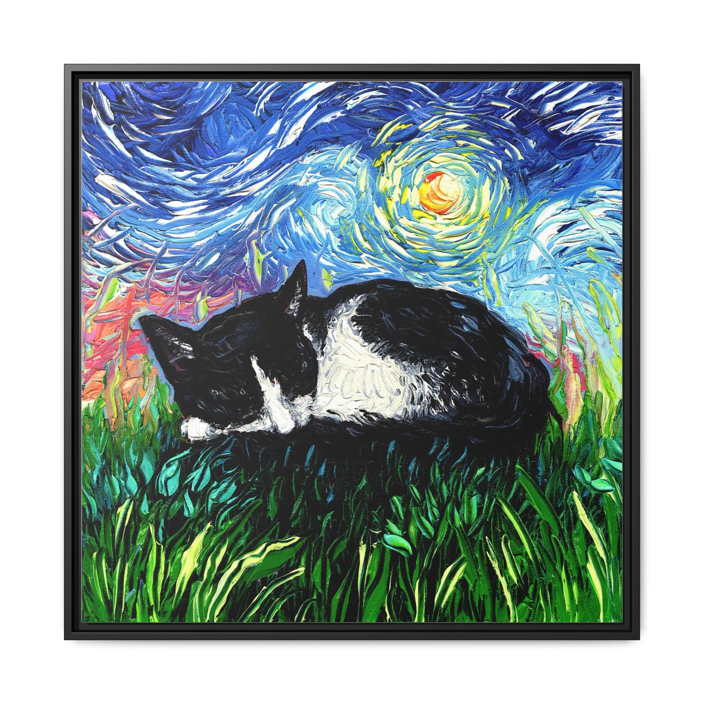 "Sleepy Tuxedo Kitten" Framed Canvas Wall Art
