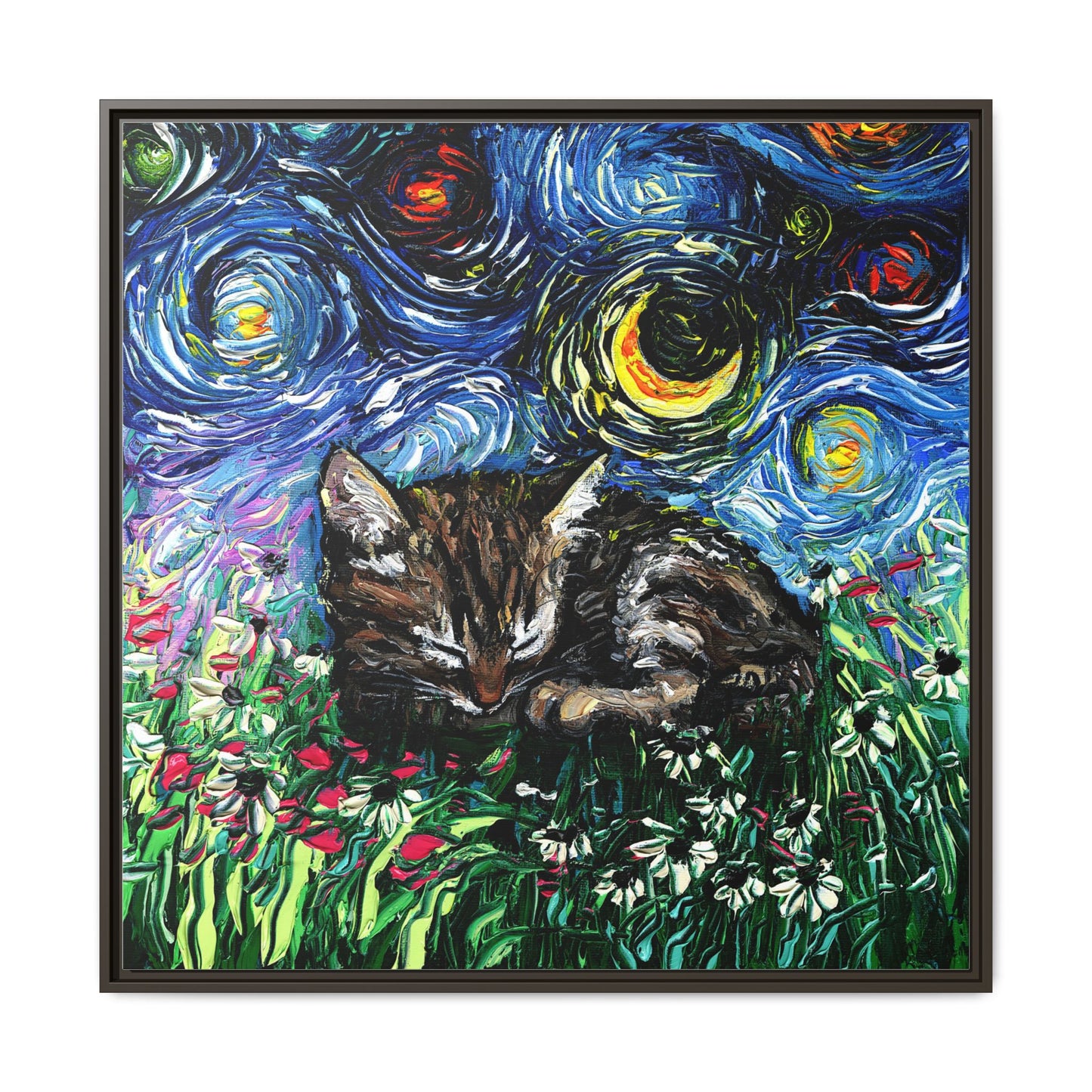 "Sleepy Tabby Kitten Night" Framed Canvas Wall Art