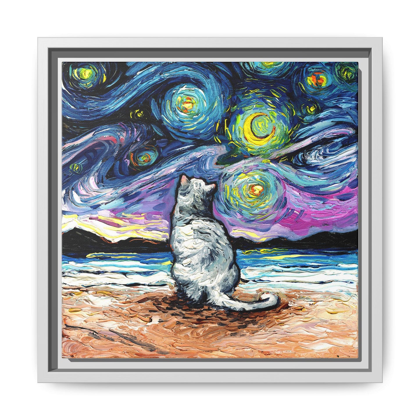 "White Cat Night 2" Framed Canvas Wall Art