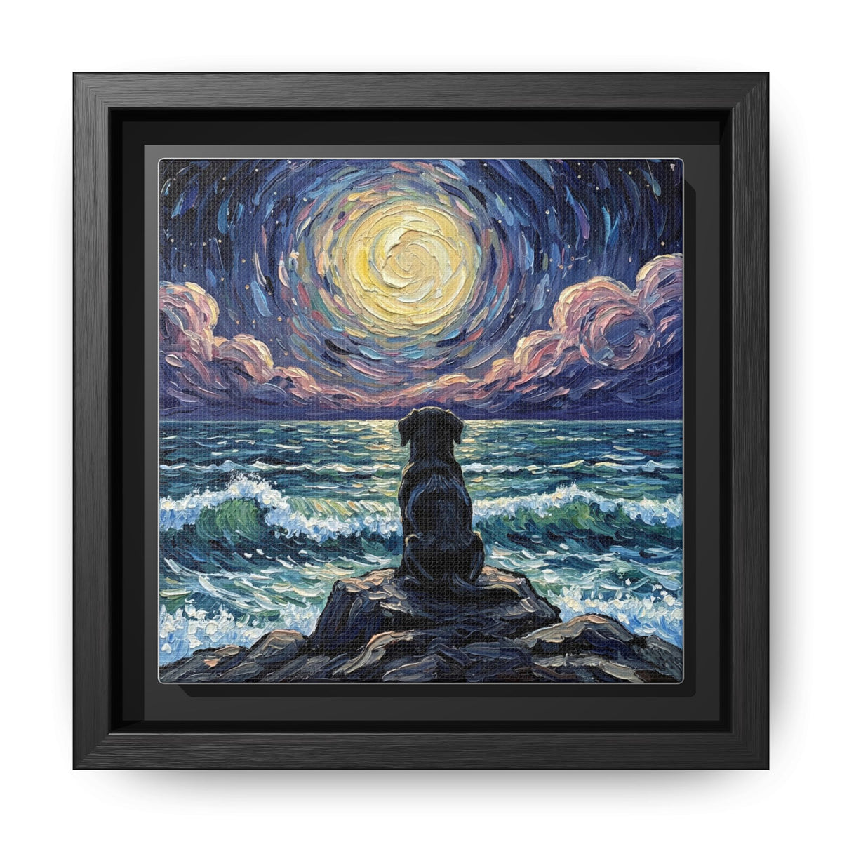 "Beach Night - Black Lab Puppy" Framed Canvas Wall Art