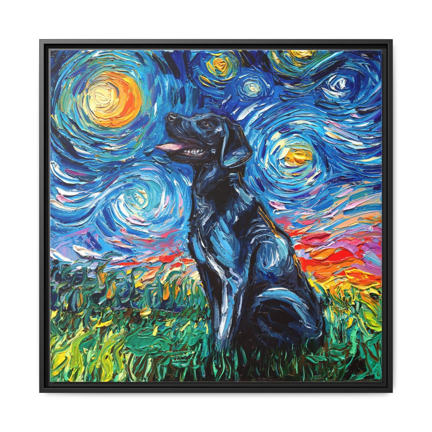 "Black Labrador Night" Framed Canvas Wall Art
