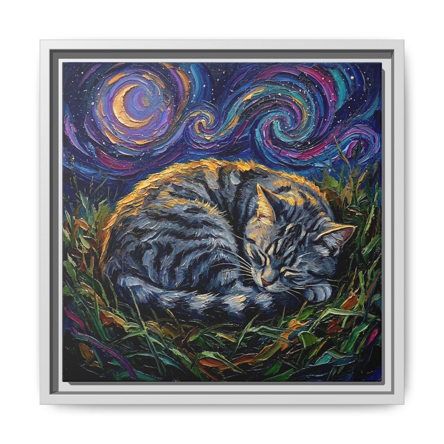 "Sleepy American Shorthair Tabby Night" Framed Canvas Wall Art