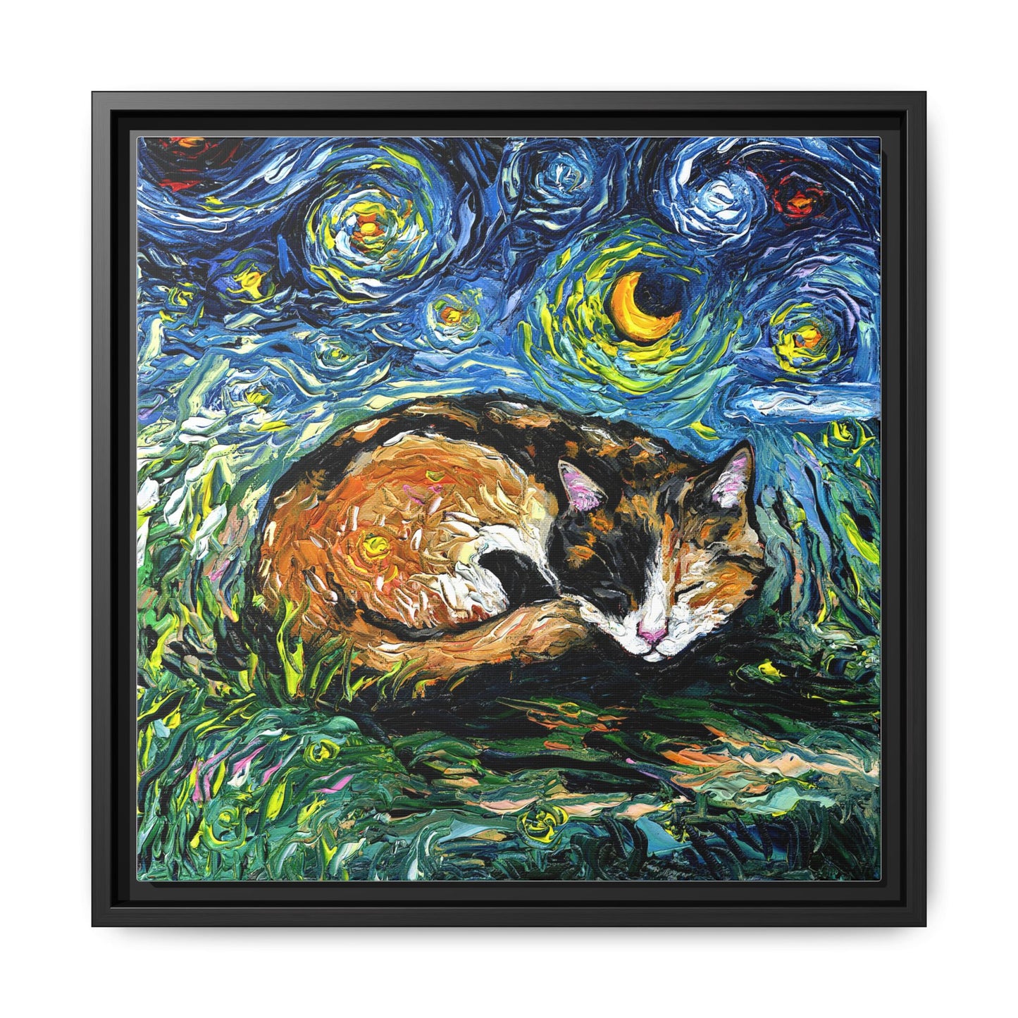 "Sleepy Calico Night" Framed Canvas Wall Art