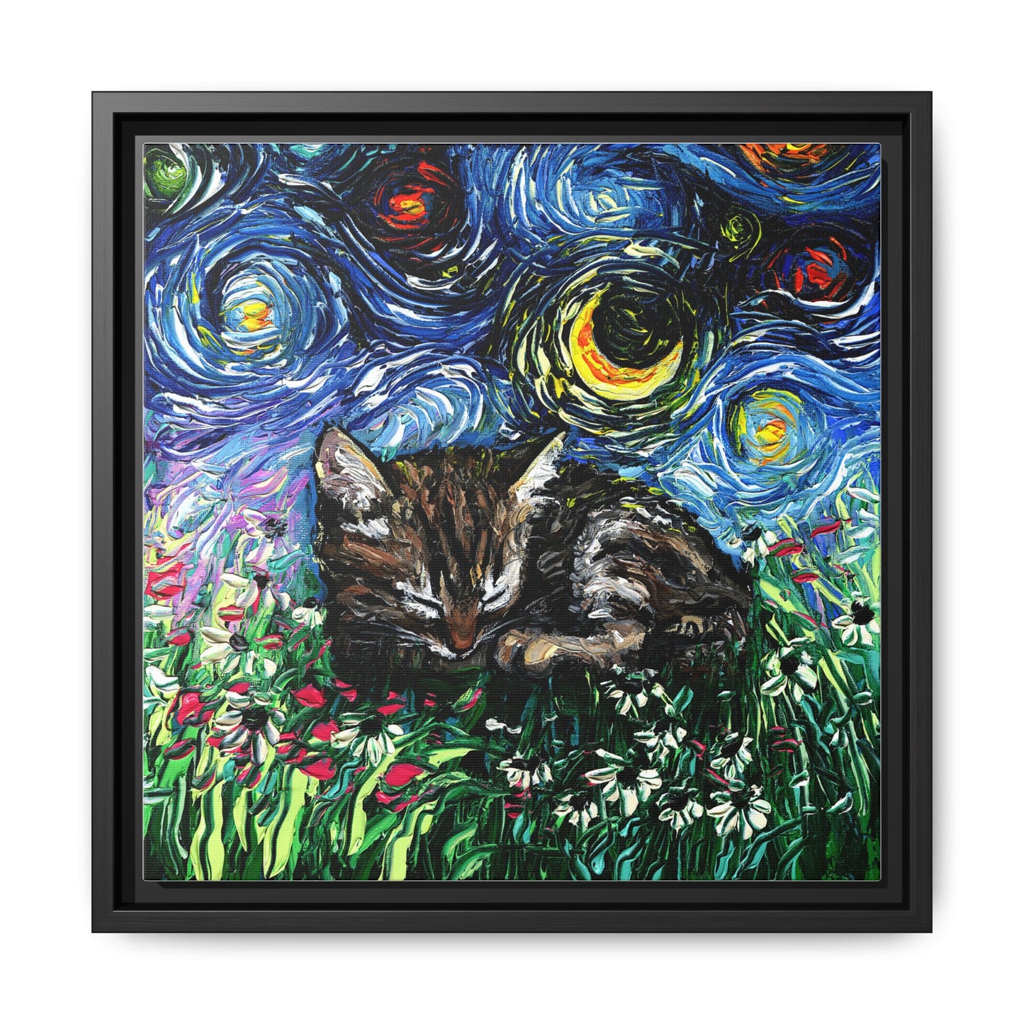 "Sleepy Tabby Kitten Night" Framed Canvas Wall Art