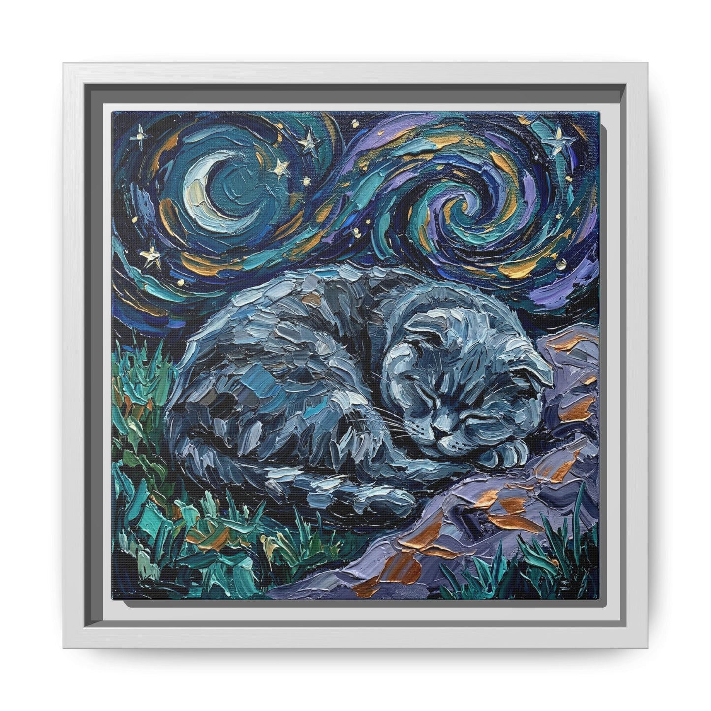 "Sleepy Scottish Fold Night" Framed Canvas Wall Art