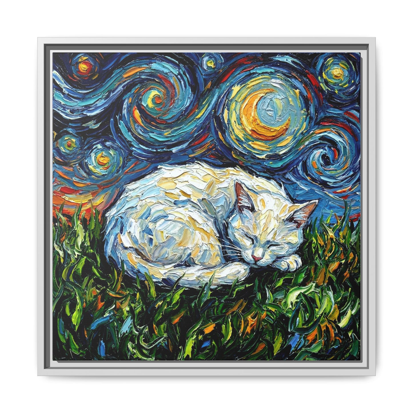 "Sleepy White Cat Night" Framed Canvas Wall Art