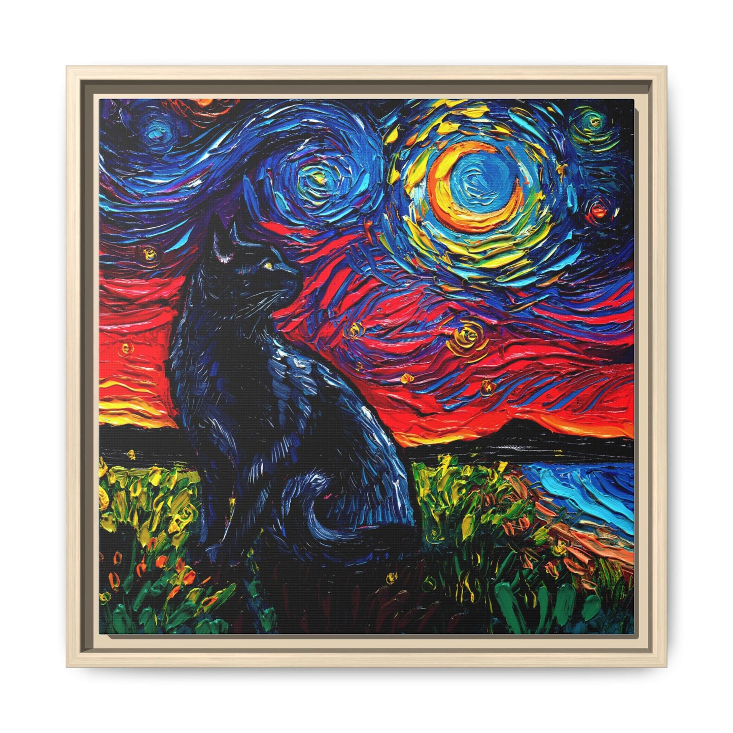 "Black Cat Night" Framed Canvas Wall Art