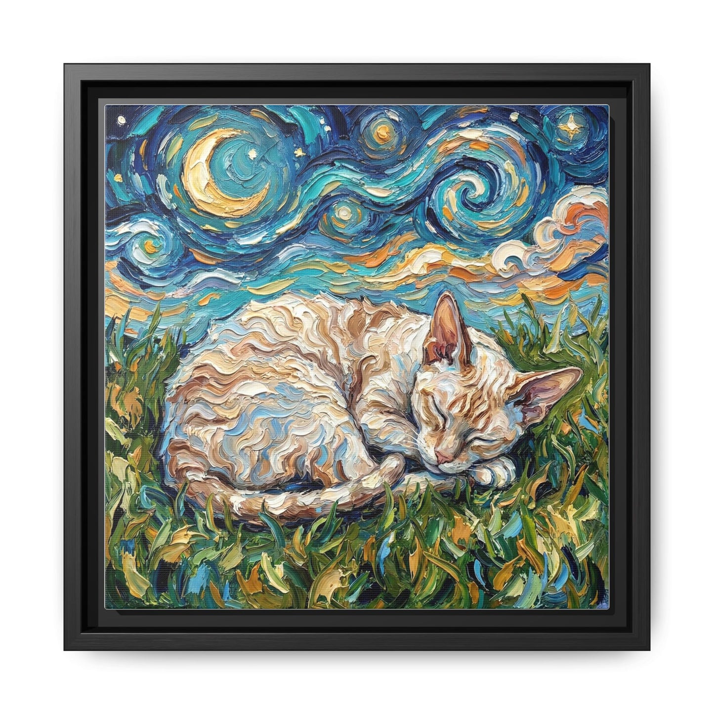 "Sleepy Cornish Rex Night" Framed Canvas Wall Art