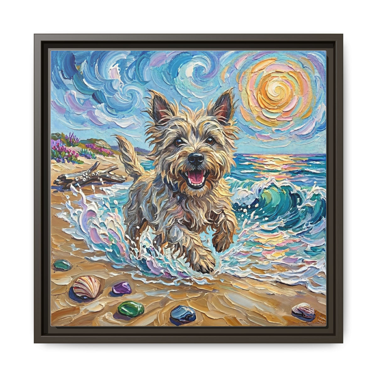 "Beach Days - Cairn Terrier" Framed Canvas Wall Art