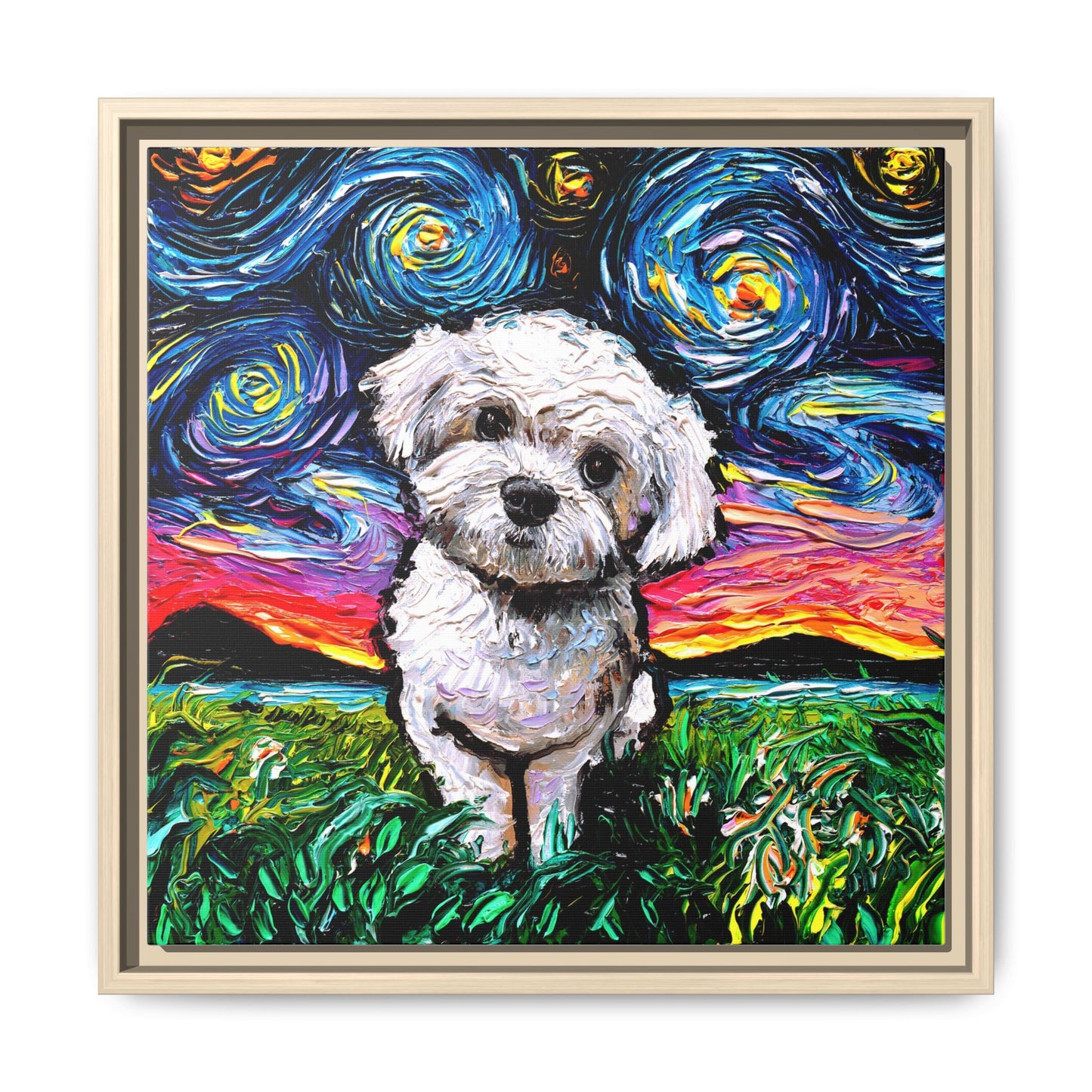 "Maltipoo Night" Framed Canvas Wall Art