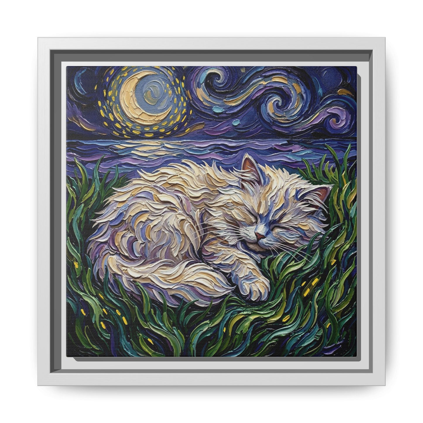 "Sleepy White Persian Night" Framed Canvas Wall Art