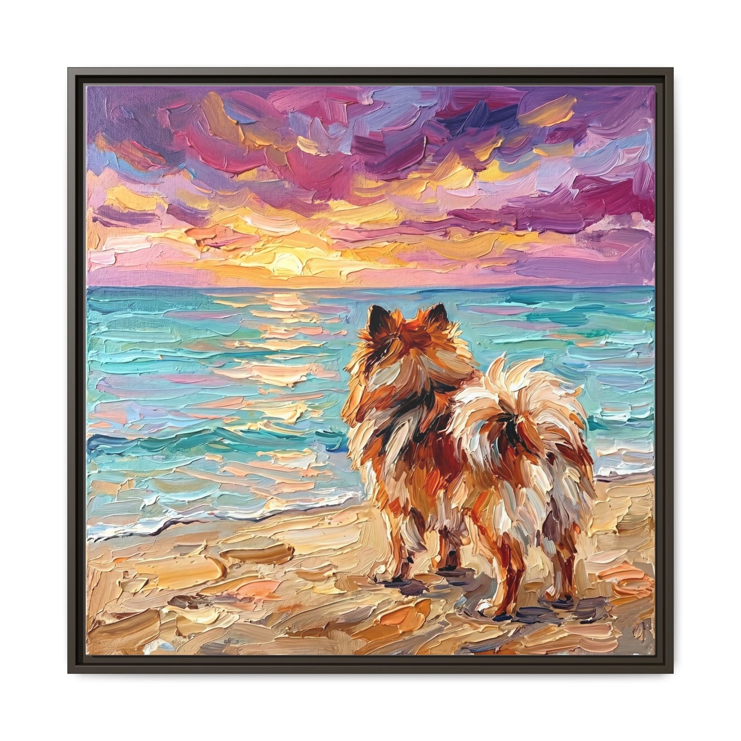 "Beach Sunset - Pomeranian" Framed Canvas Wall Art