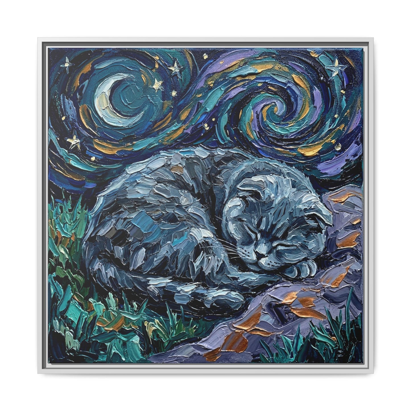 "Sleepy Scottish Fold Night" Framed Canvas Wall Art
