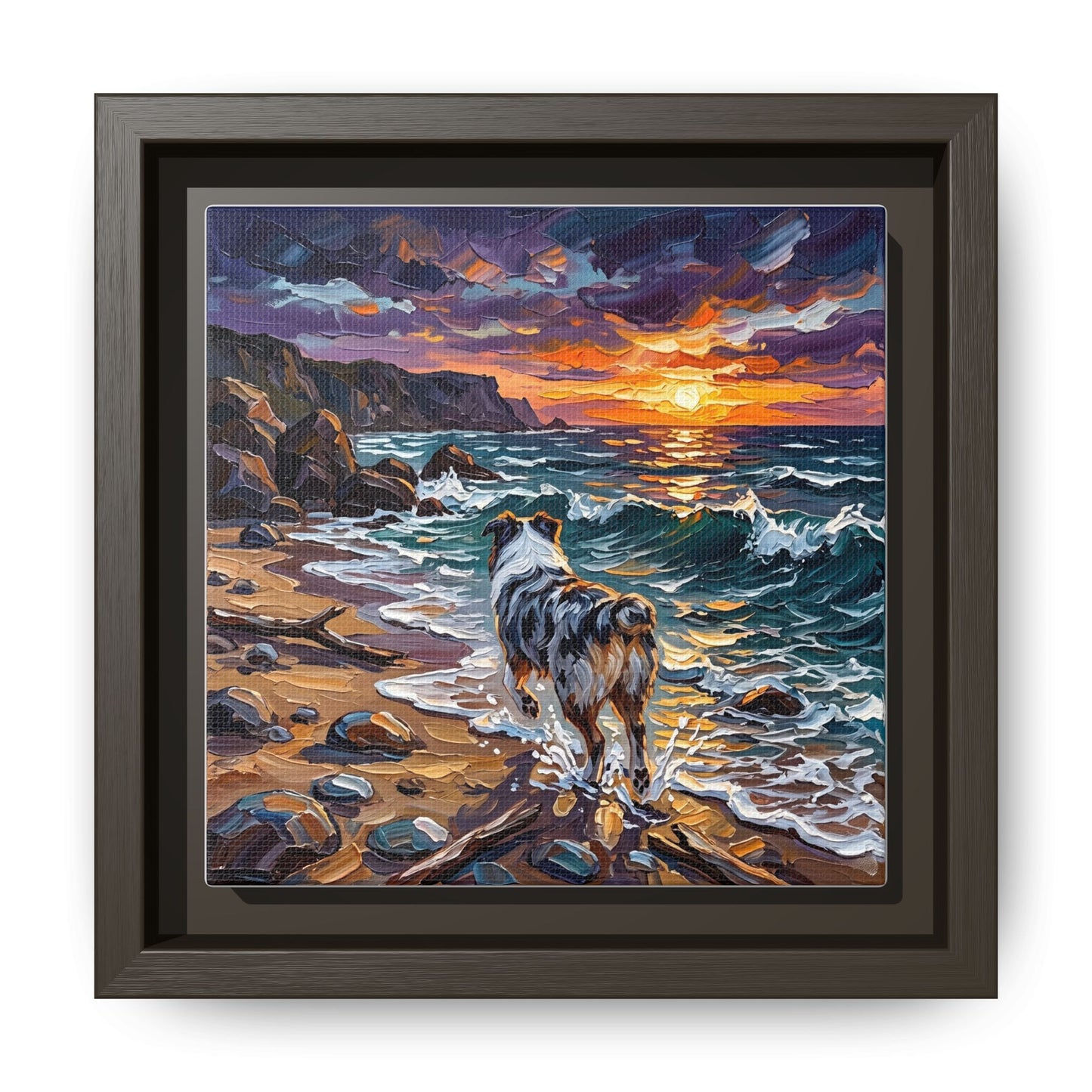 "Beach Day - Merle Aussie Shepherd" Framed Canvas Wall Art