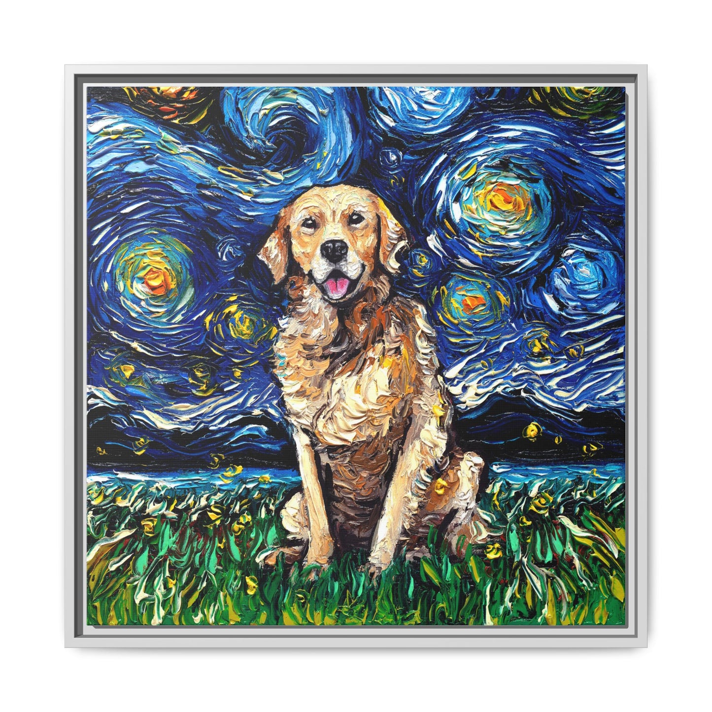 "Golden Retriever Night" Framed Canvas Wall Art