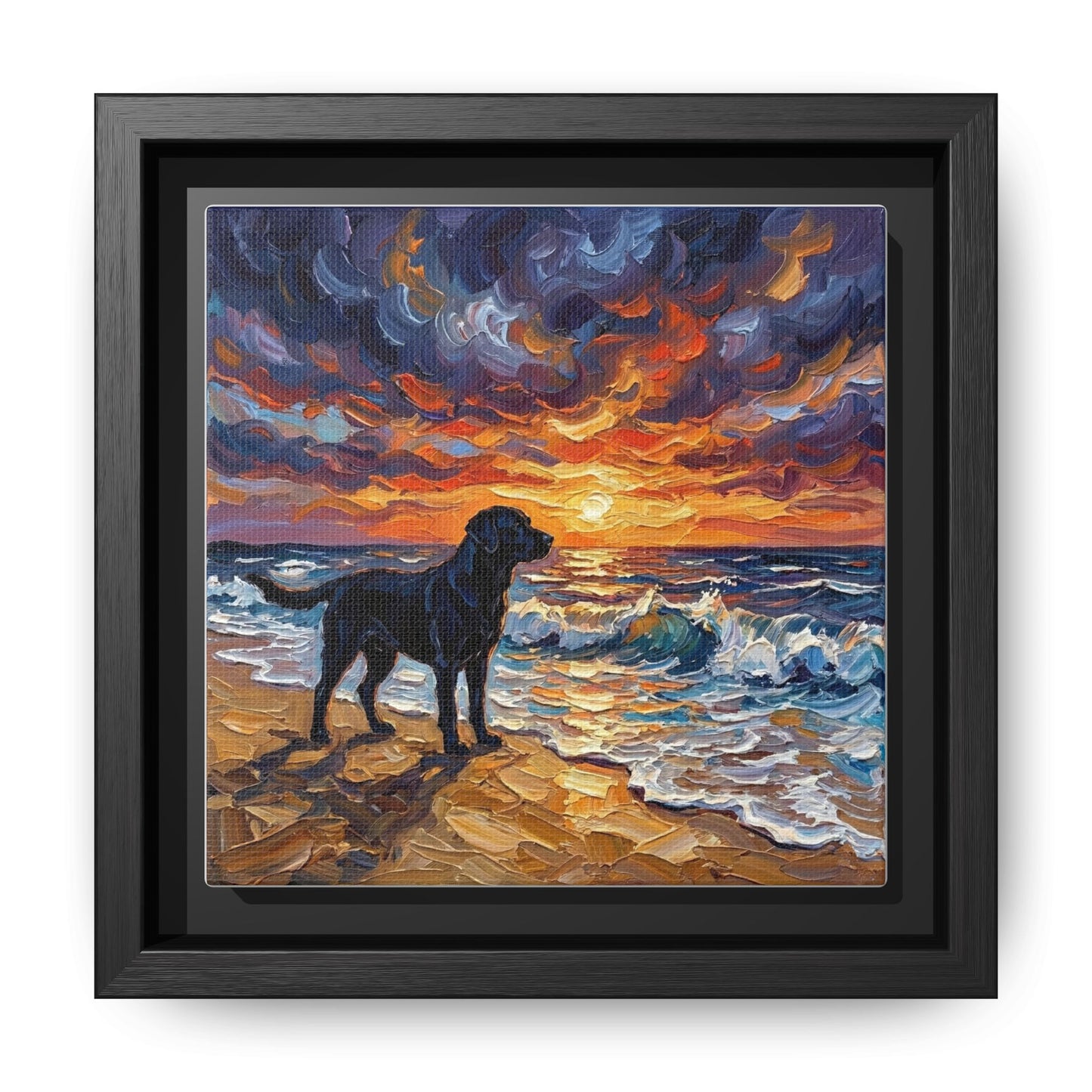 "Beach Sunset - Black Labrador" Framed Canvas Wall Art