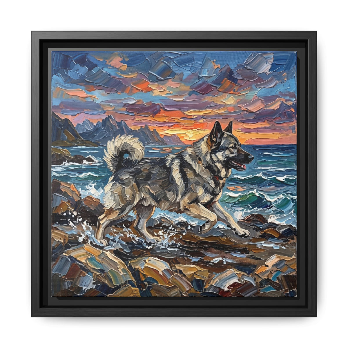 "Beach Days - Norwegian Elkhound" Framed Canvas Wall Art