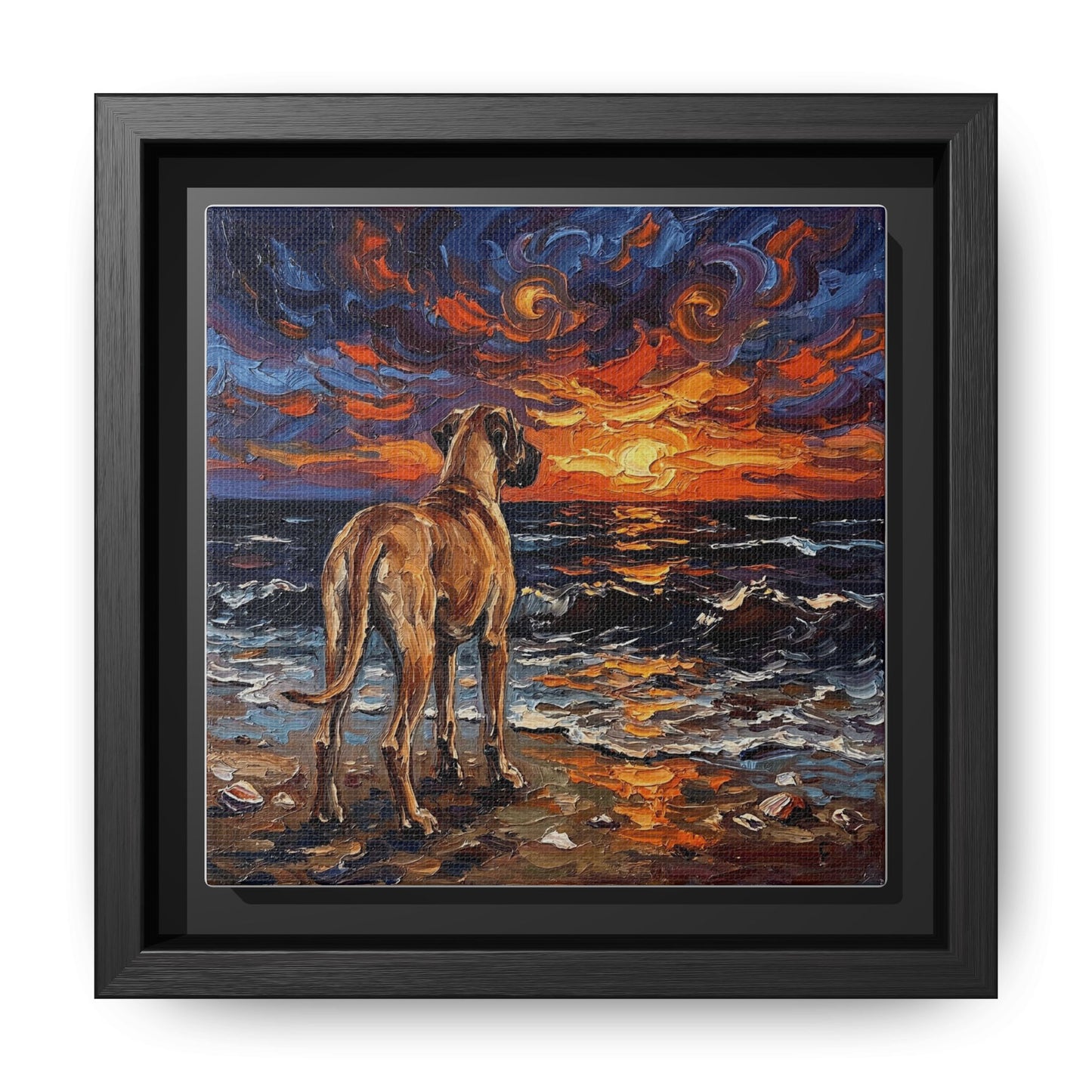 "Beach Sunset - Fawn Great Dane" Framed Canvas Wall Art