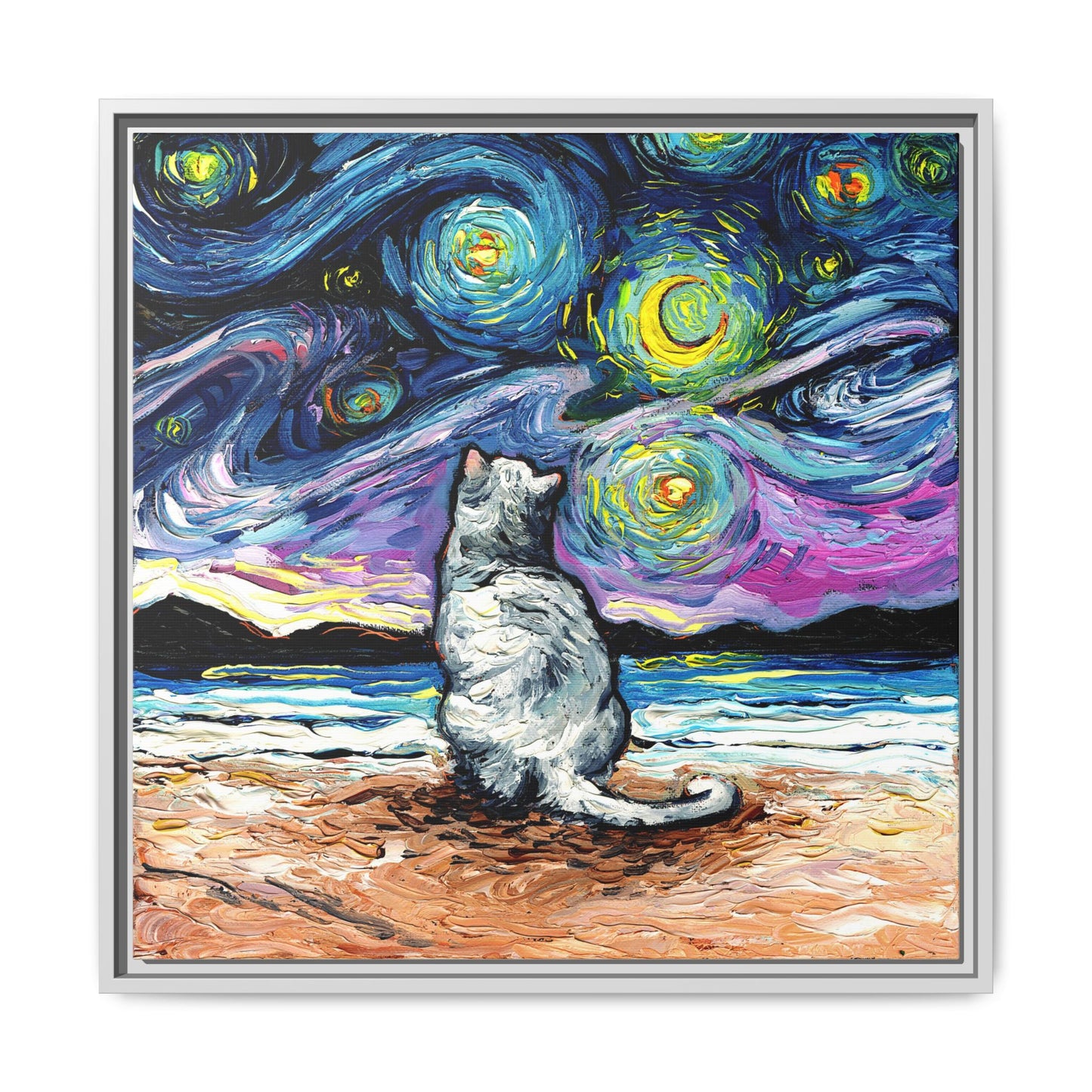 "White Cat Night 2" Framed Canvas Wall Art