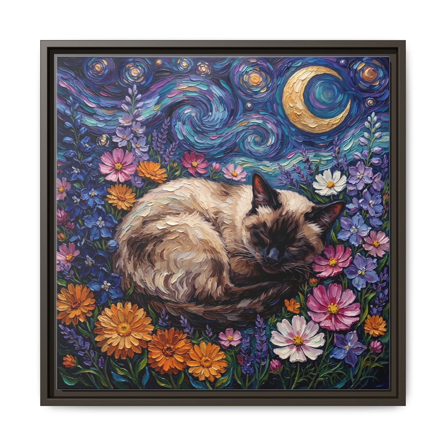 "Amongst The Flowers - Siamese Cat" Framed Canvas Wall Art