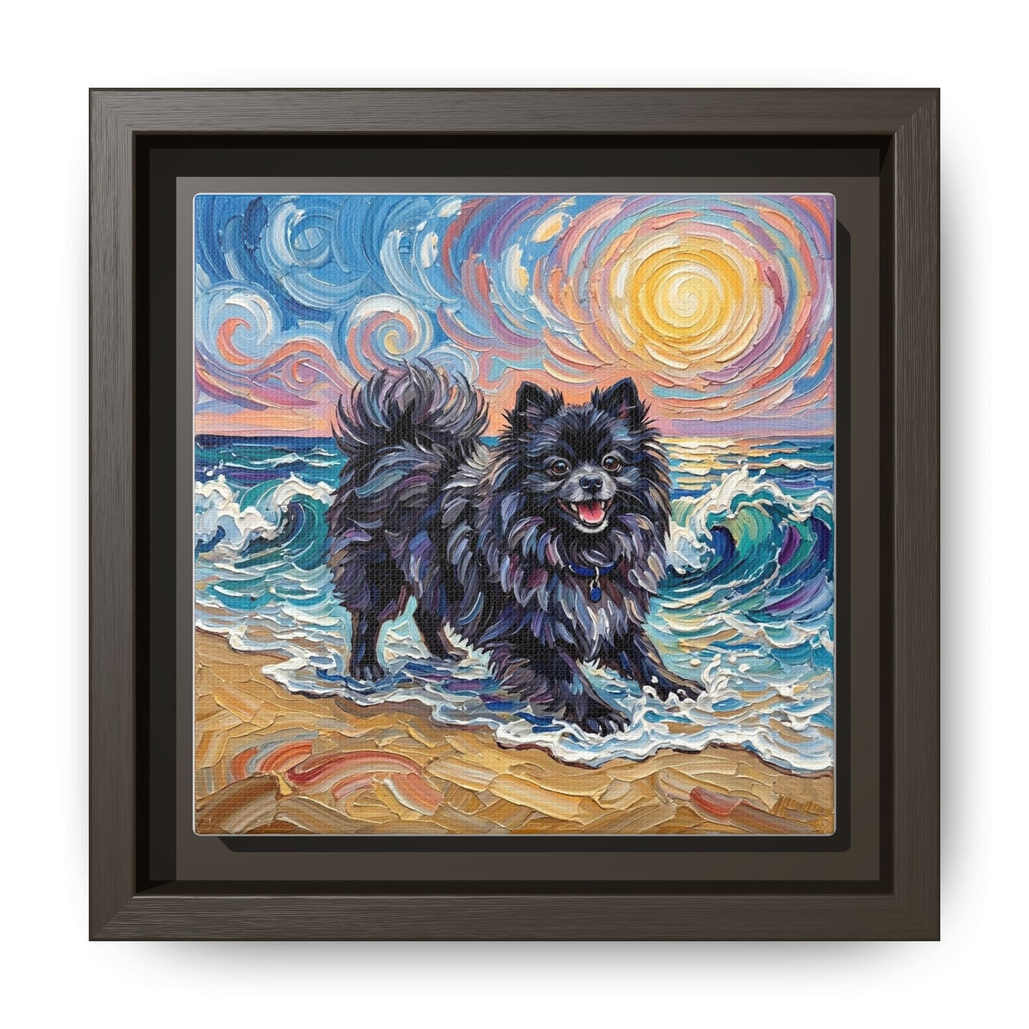 "Beach Day - Black Pomeranian" Framed Canvas Wall Art