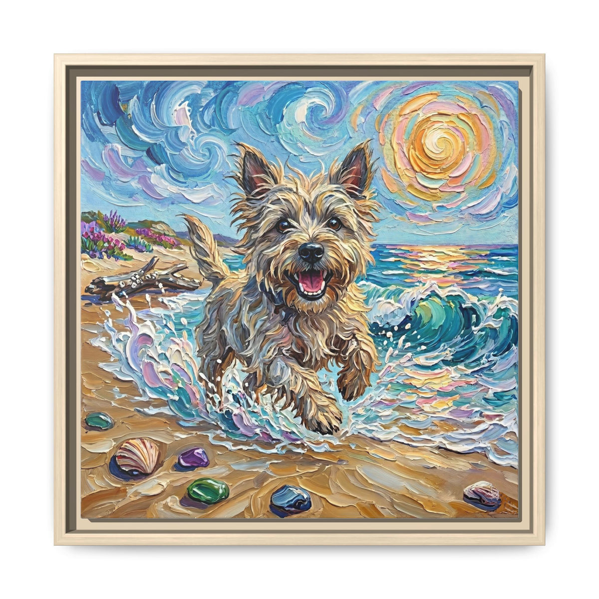 "Beach Days - Cairn Terrier" Framed Canvas Wall Art