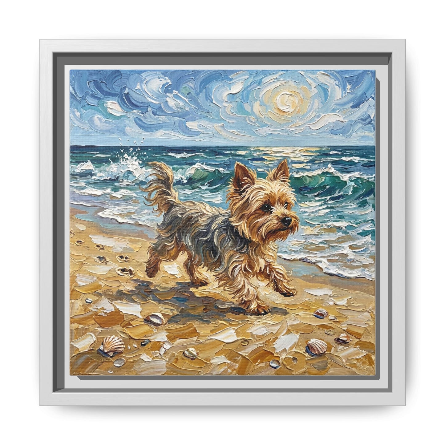 "Beach Day - Yorkie" Framed Canvas Wall Art