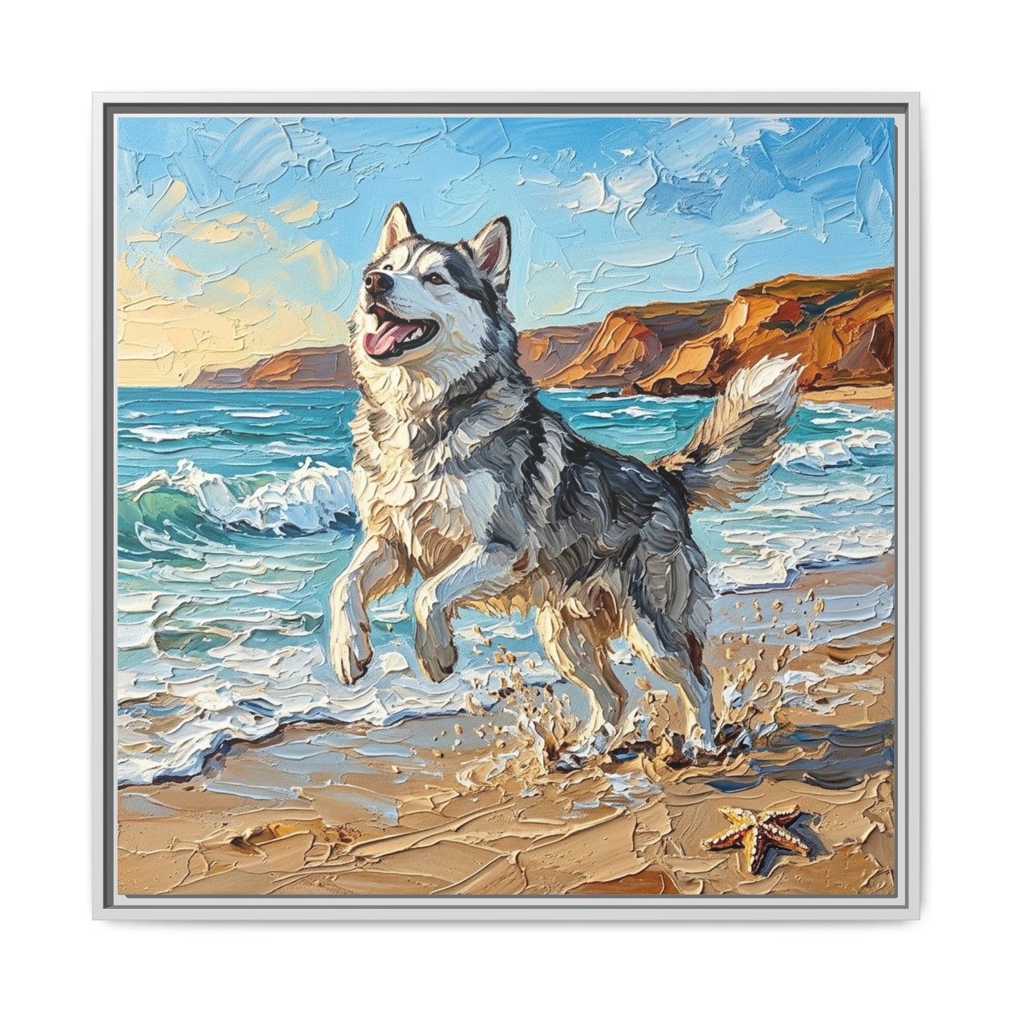 "Beach Day - Husky" Framed Canvas Wall Art