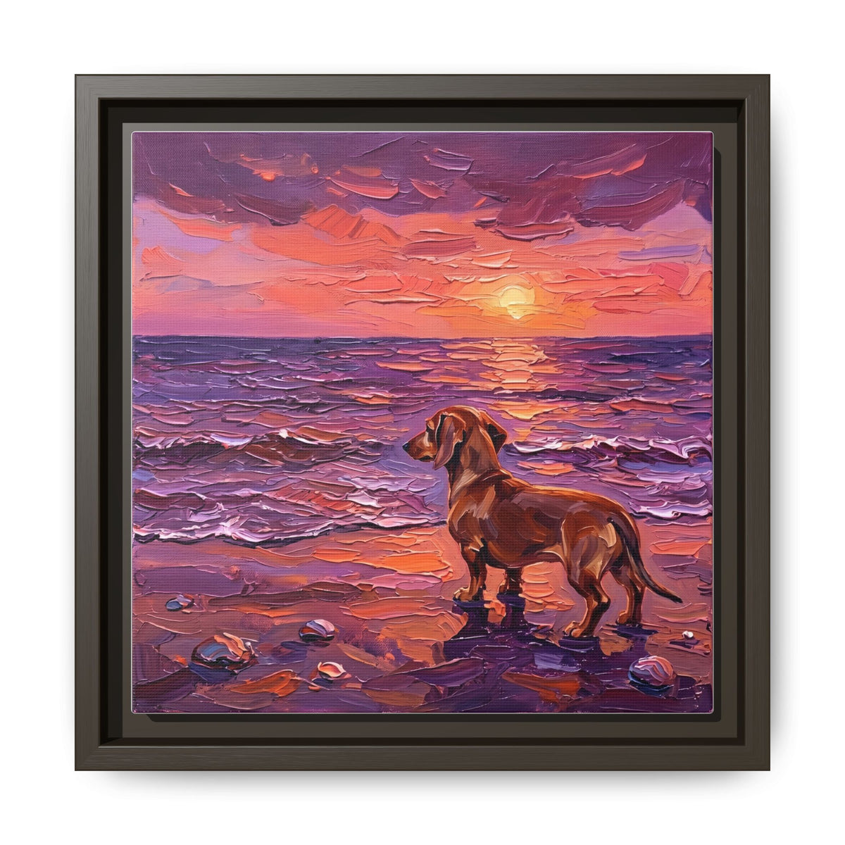 "Beach Day - Brown Dachshund" Framed Canvas Wall Art
