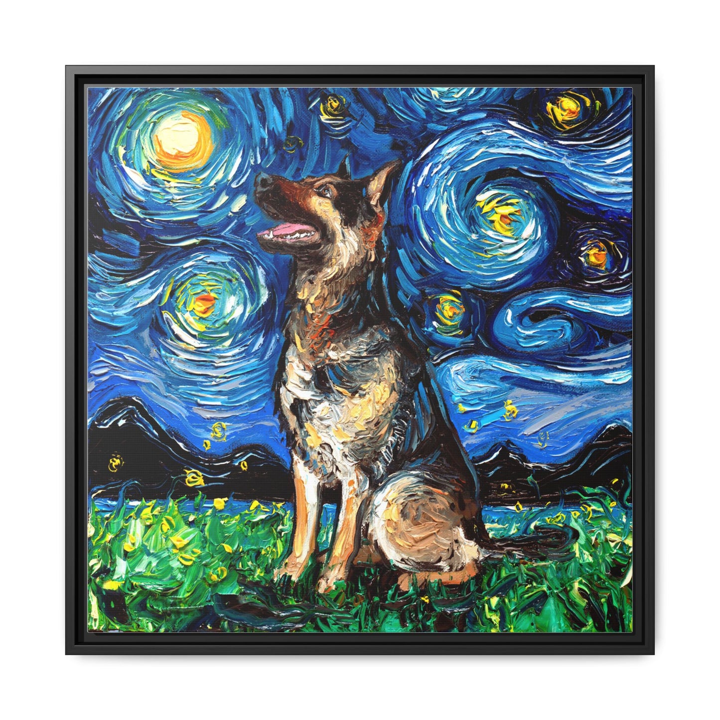 "German Shepherd Night" Framed Canvas Wall Art