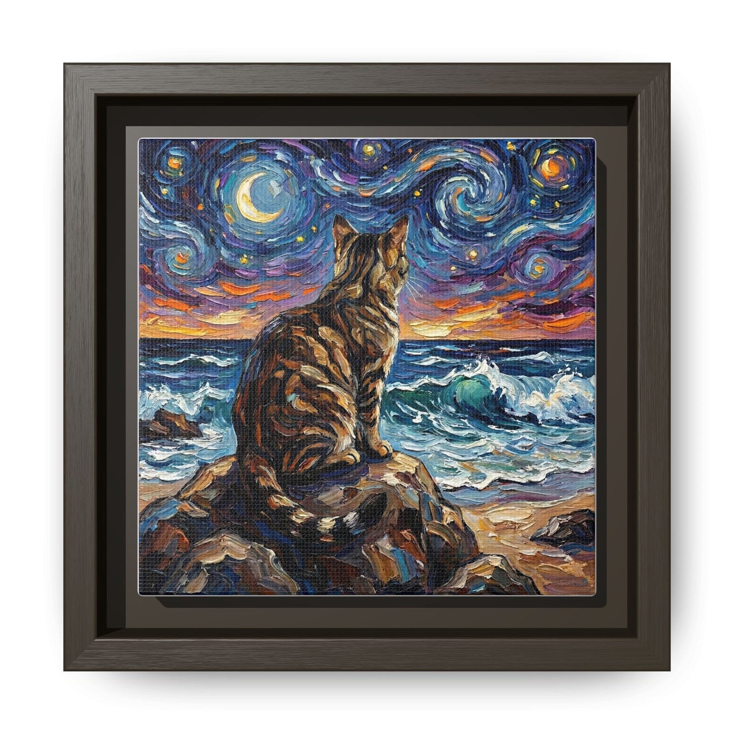 "Beach Night - Brown Tabby" Framed Canvas Wall Art