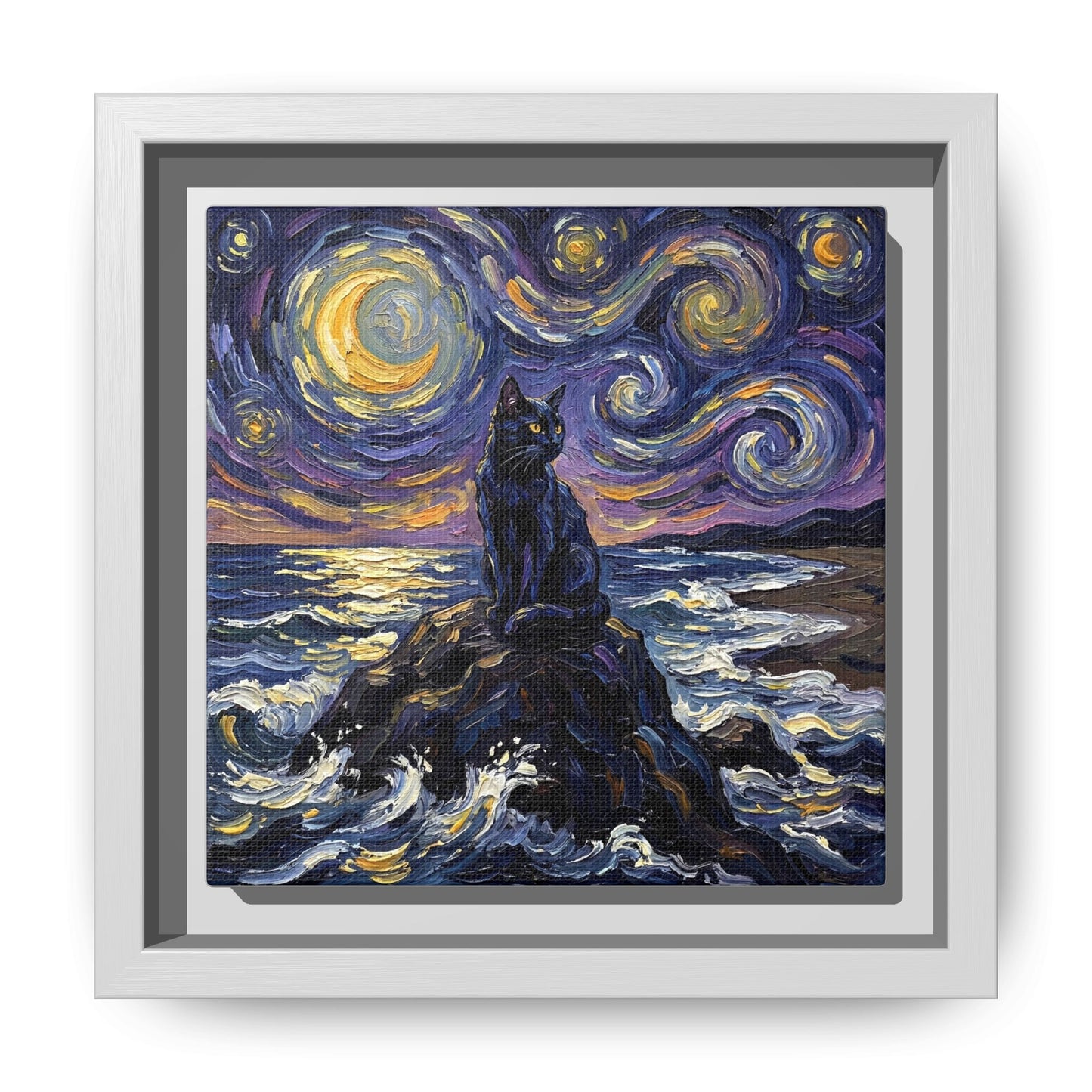 "Beach Night - Black Cat" Framed Canvas Wall Art