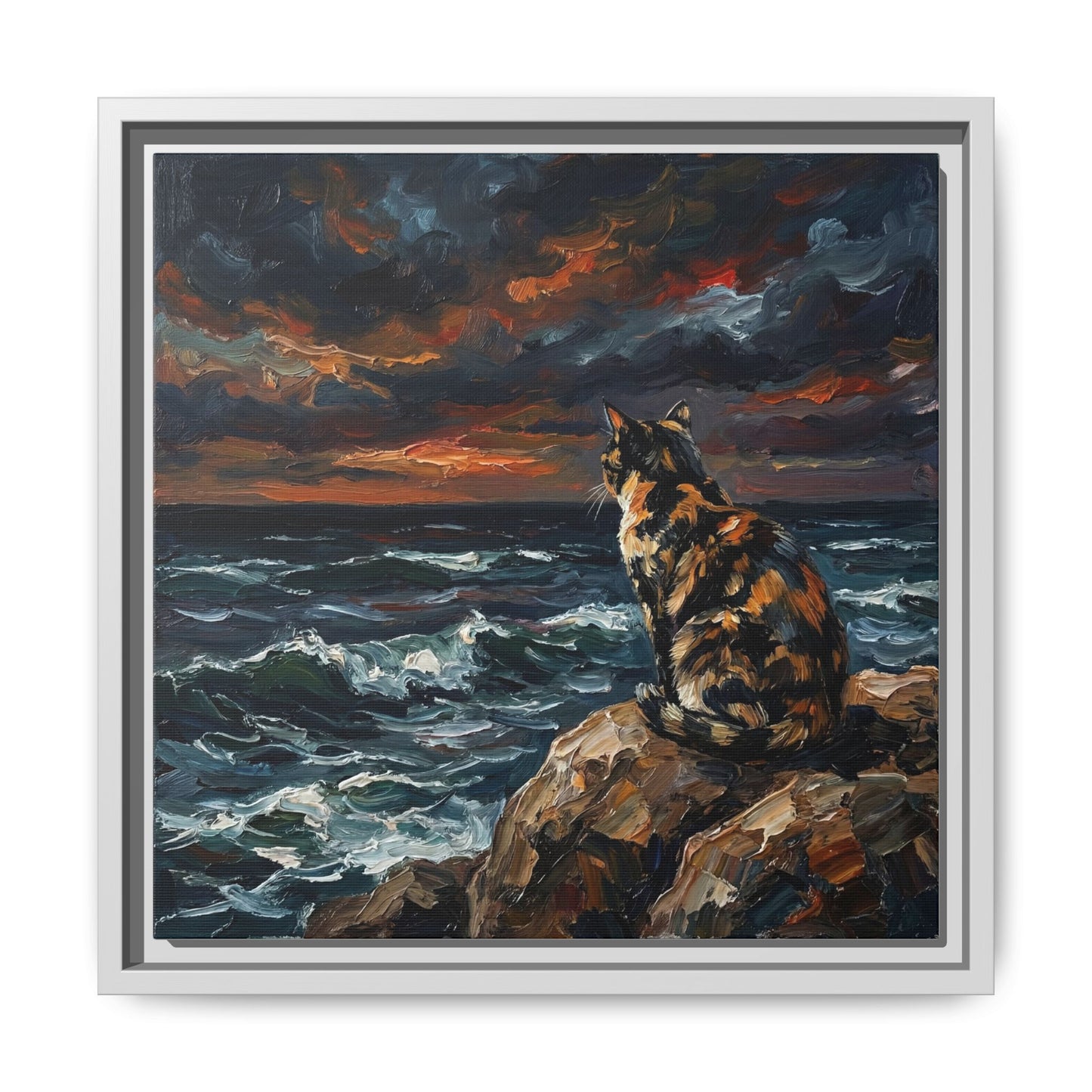 "Beach Night - Tortie Cat" Framed Canvas Wall Art