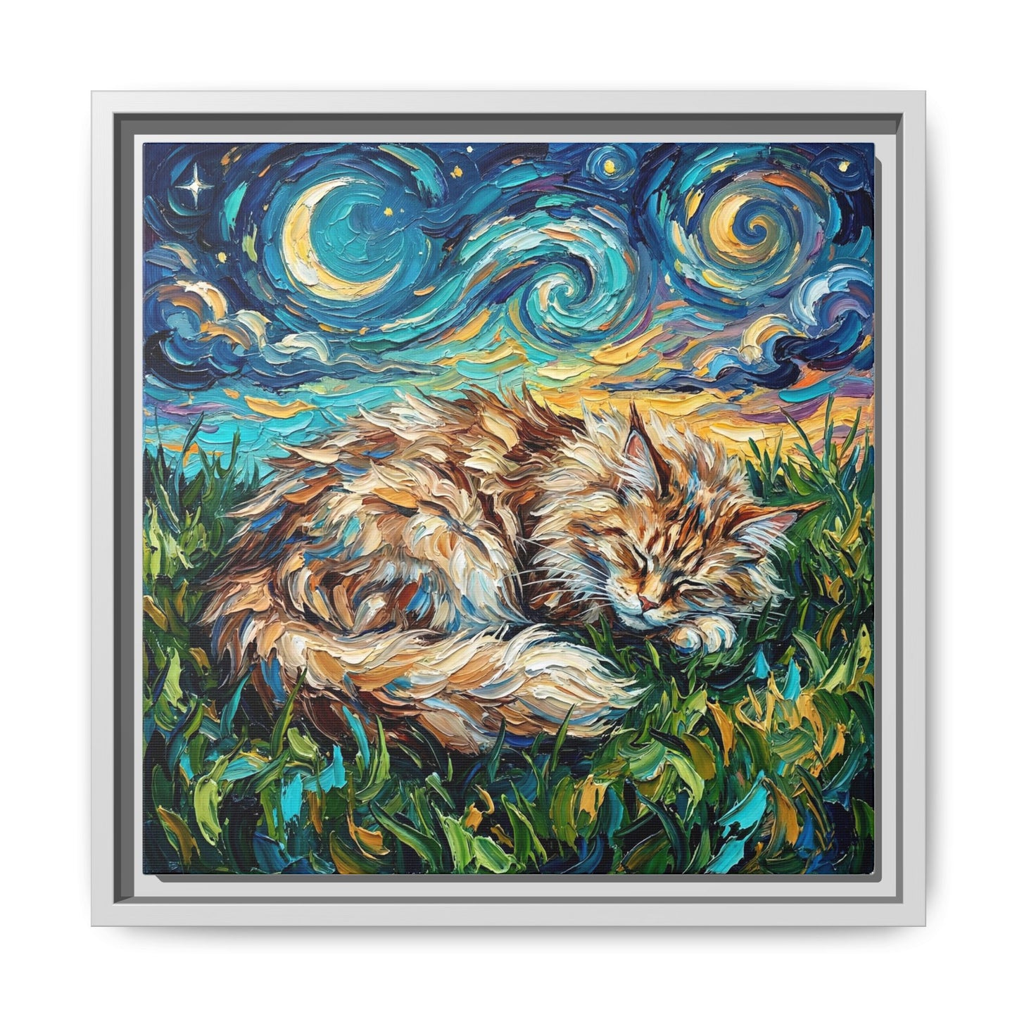 "Sleepy Maine Coon Night" Framed Canvas Wall Art
