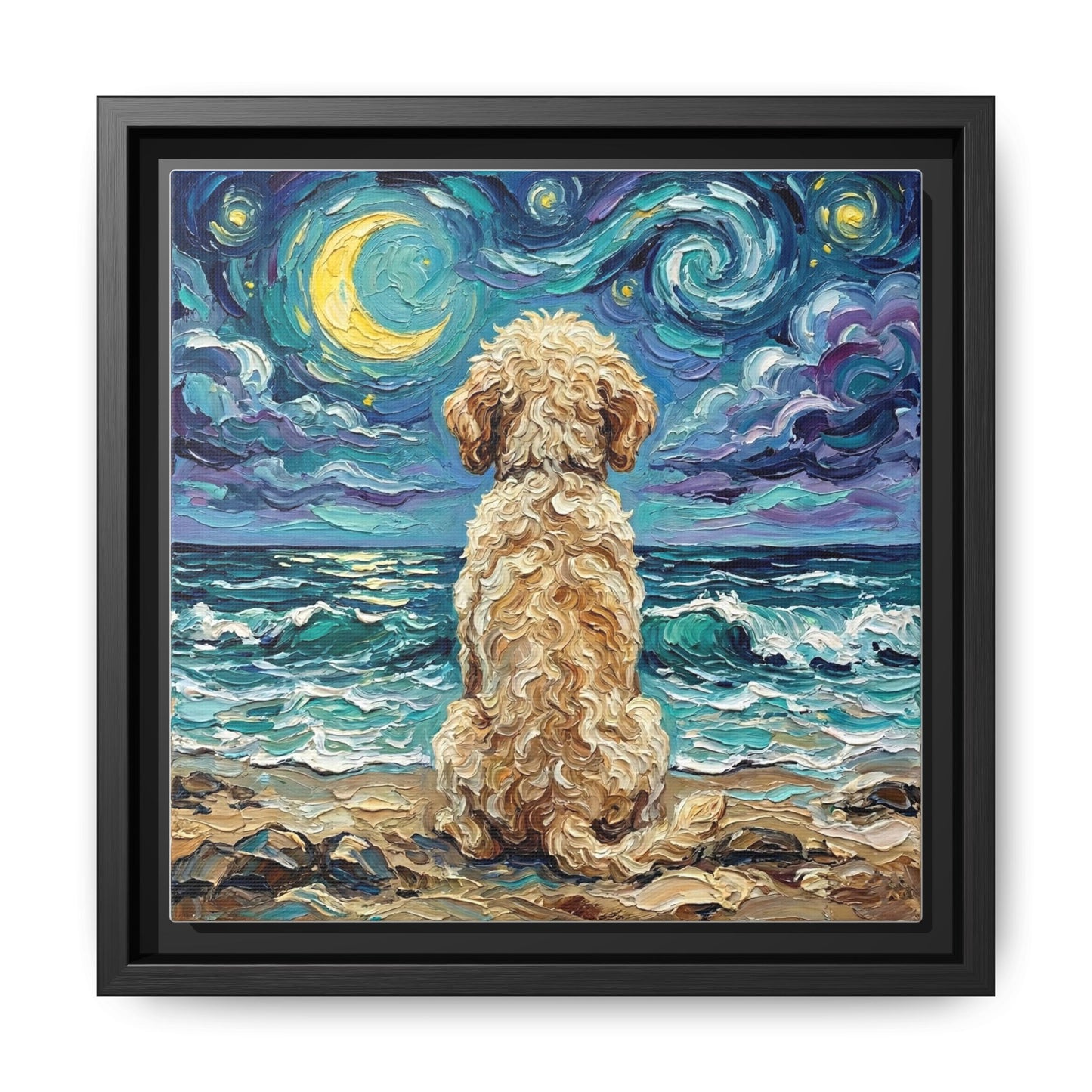 "Beach Nights - Goldendoodle" Framed Canvas Wall Art