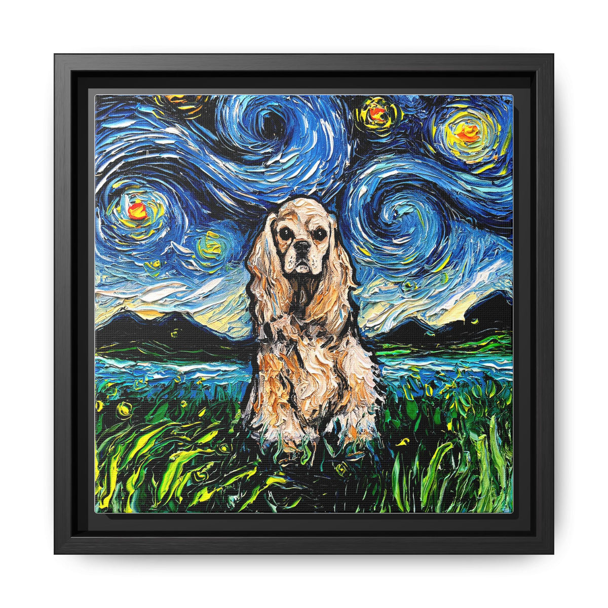"Buff American Cocker Spaniel Night" Framed Canvas Wall Art