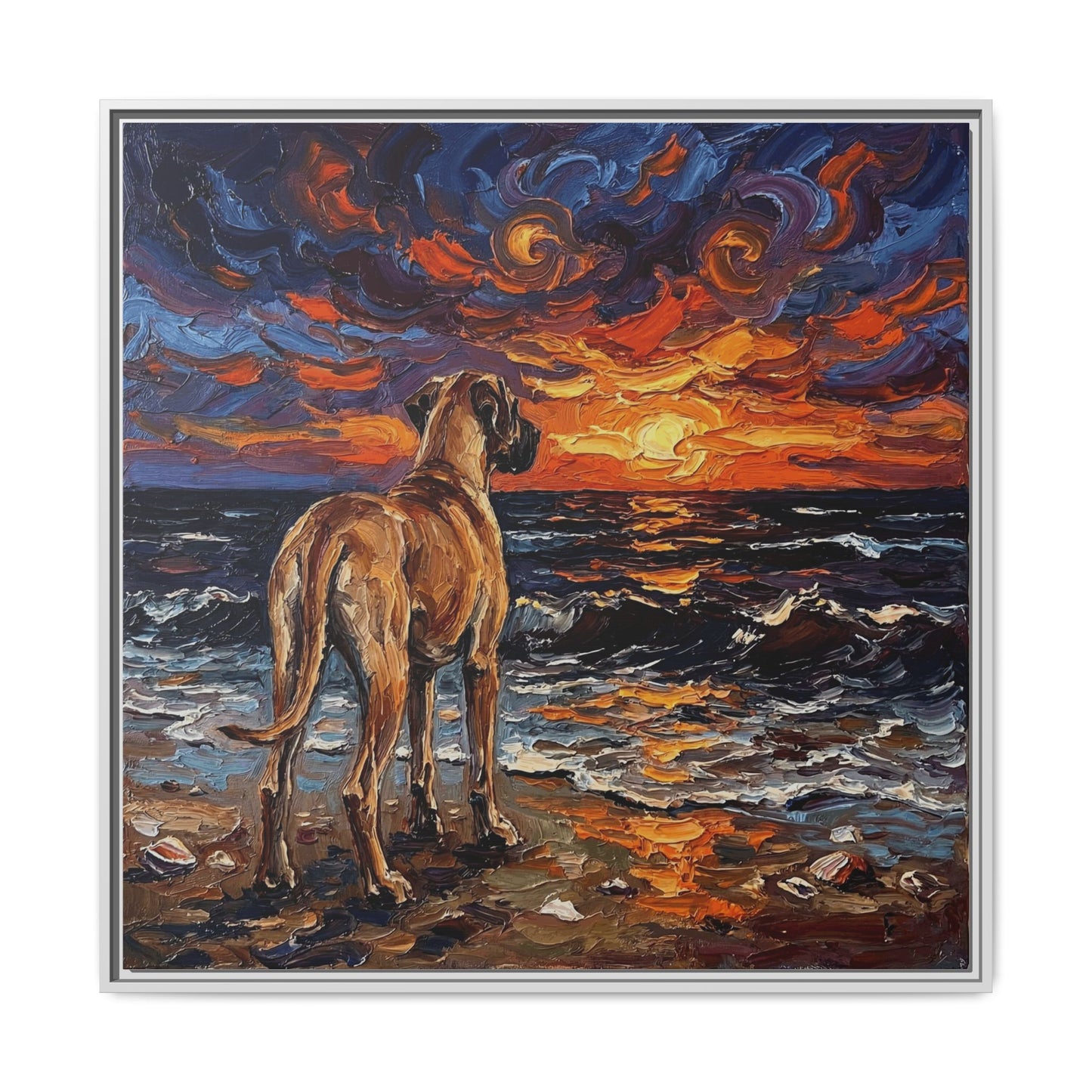 "Beach Sunset - Fawn Great Dane" Framed Canvas Wall Art