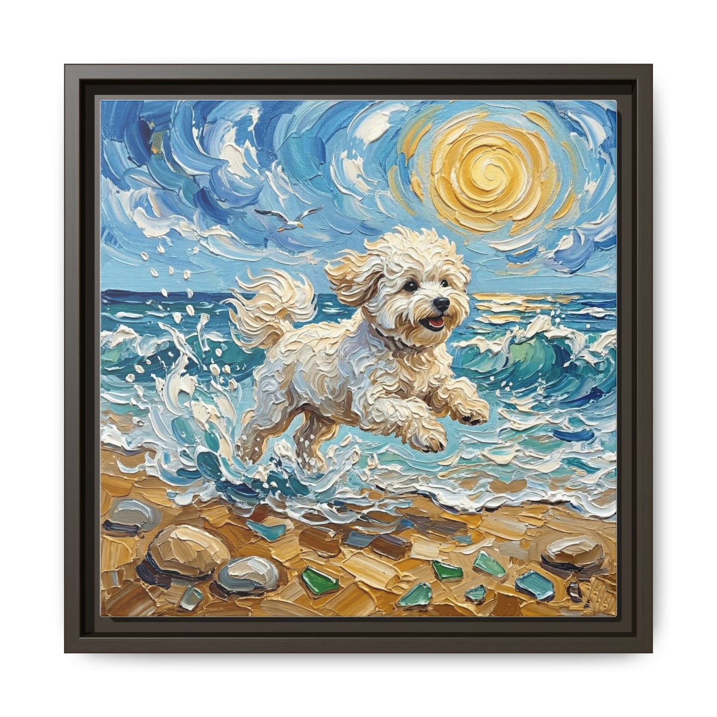 "Beach Day - Bichon Frise" Framed Canvas Wall Art