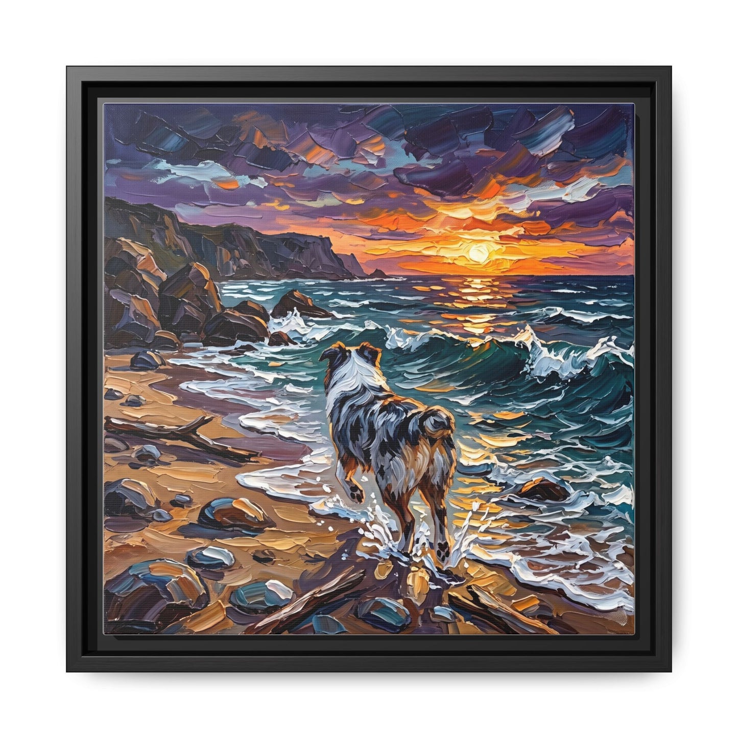 "Beach Day - Merle Aussie Shepherd" Framed Canvas Wall Art