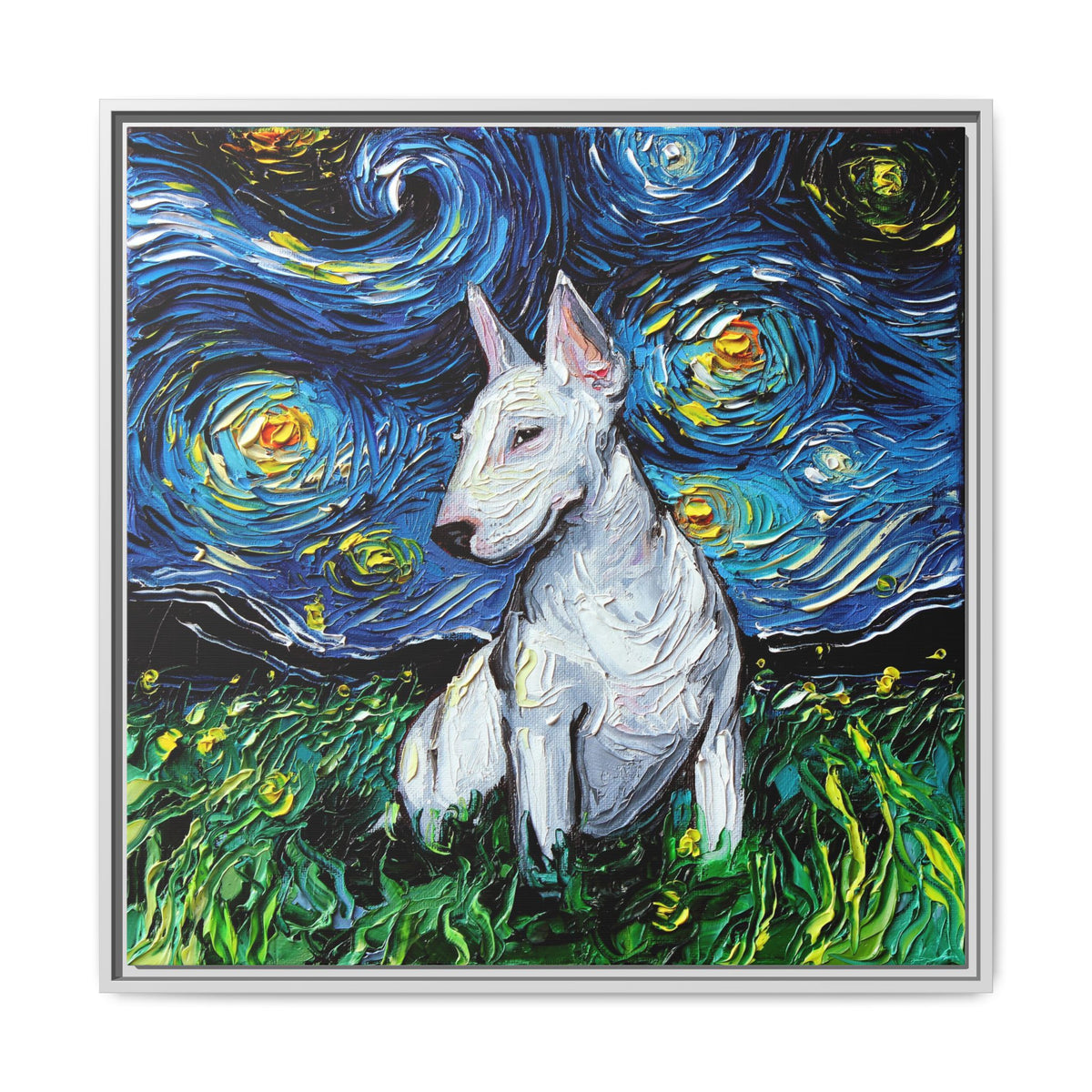 "Bull Terrier Night" Framed Canvas Wall Art