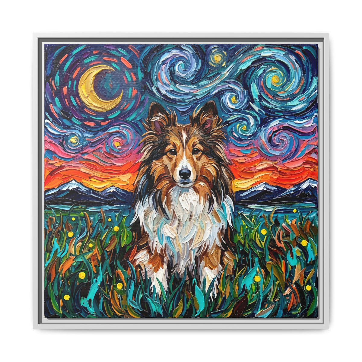"Sheltie Night 2" Framed Canvas Wall Art