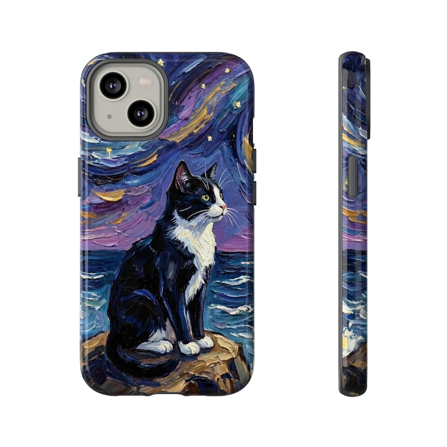 Tuxedo Cat Coastal Starry Night Art Phone Case
