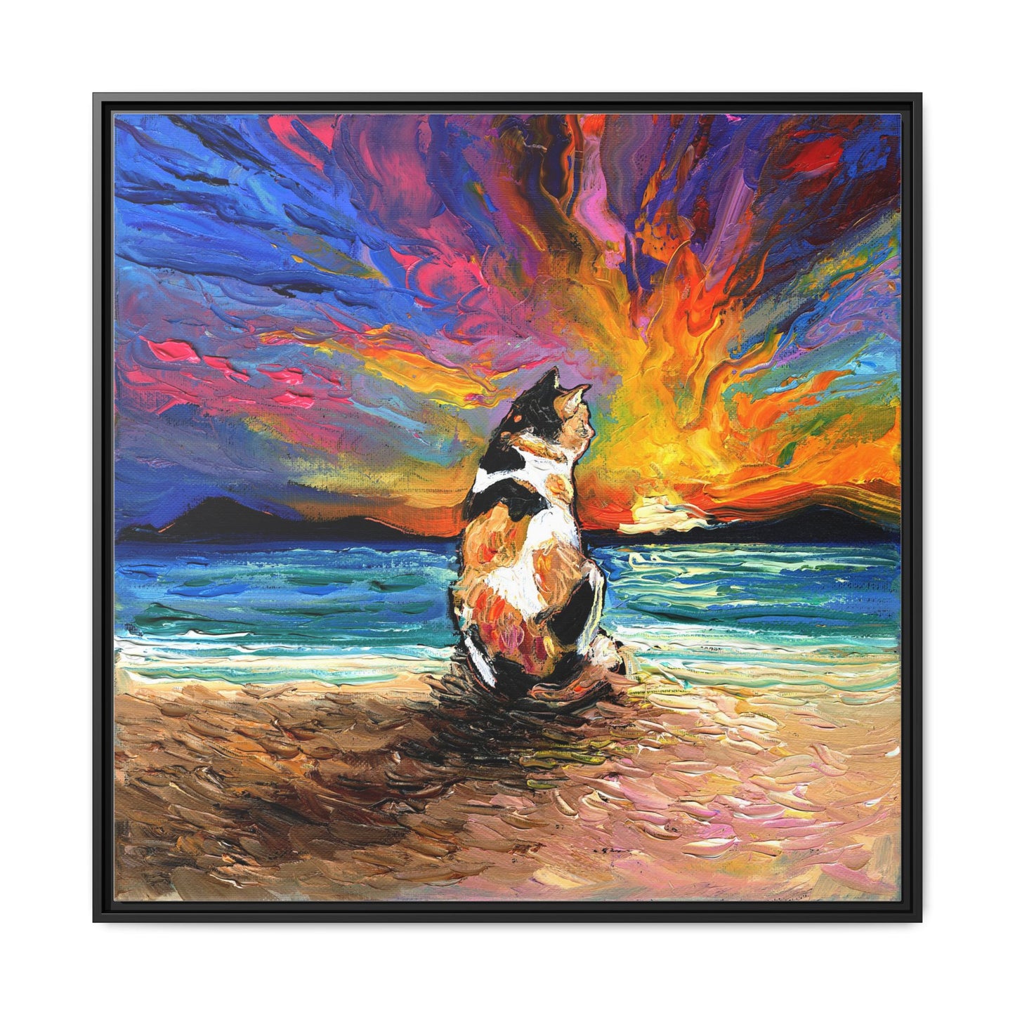 "Beach Day - Calico Cat" Framed Canvas Wall Art