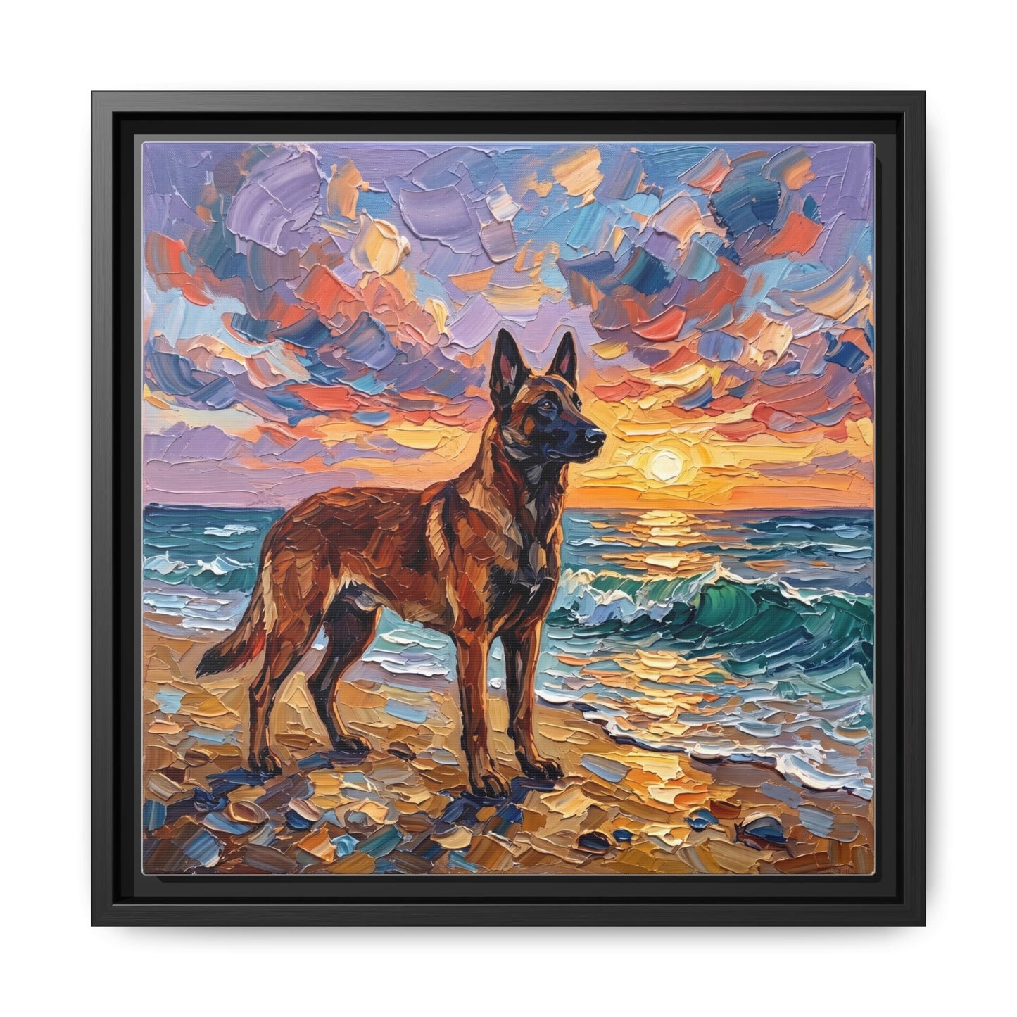 "Beach Sunset - Belgian Malinois" Framed Canvas Wall Art