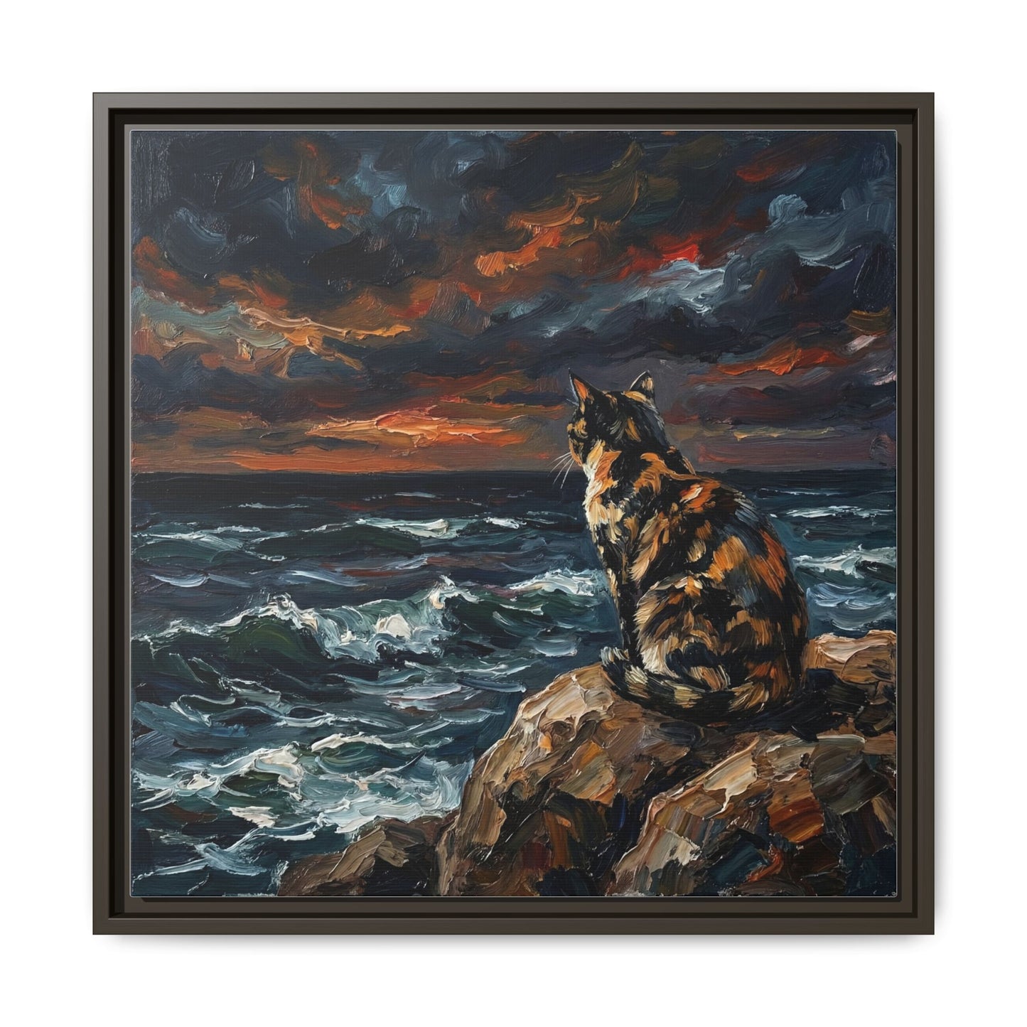 "Beach Night - Tortie Cat" Framed Canvas Wall Art