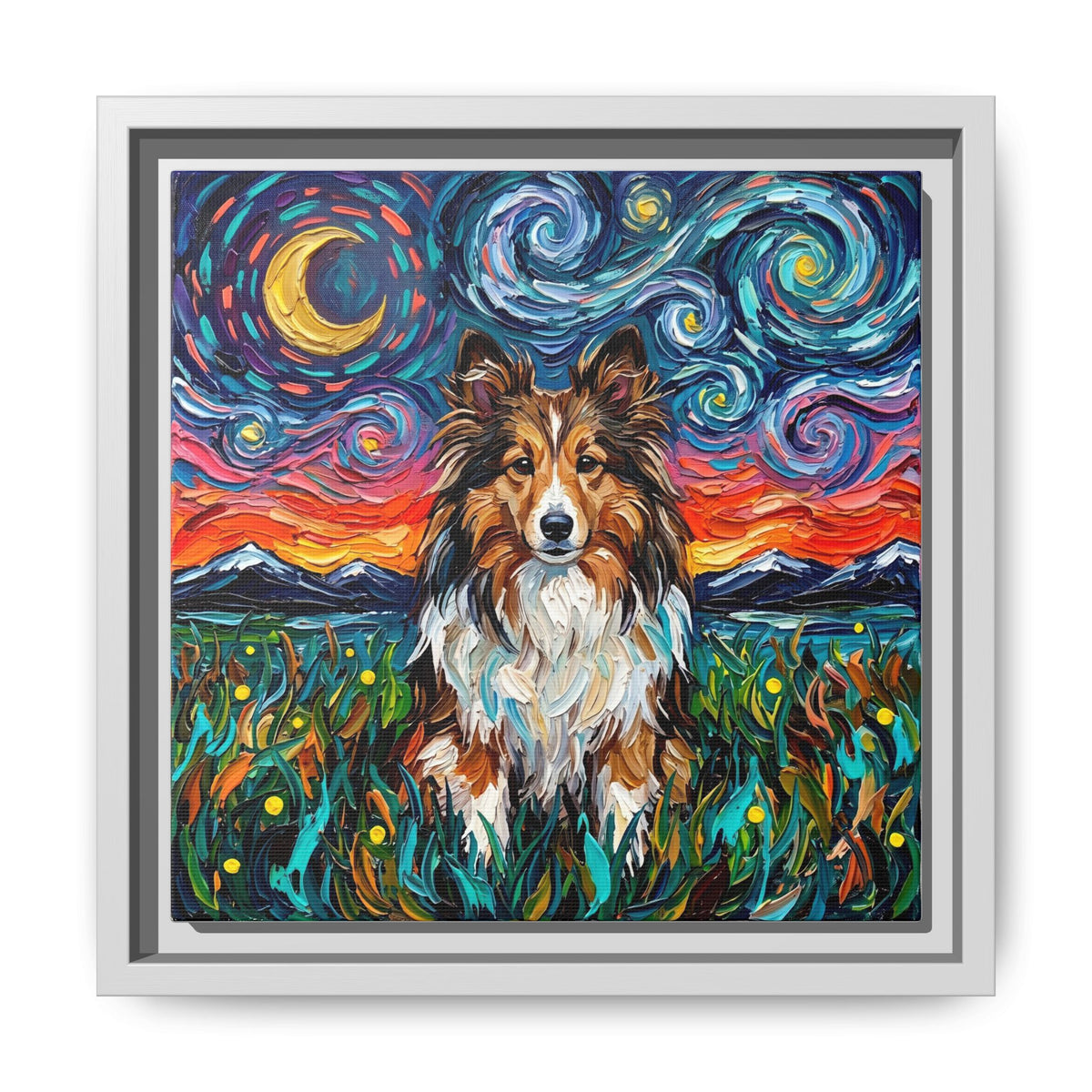"Sheltie Night 2" Framed Canvas Wall Art